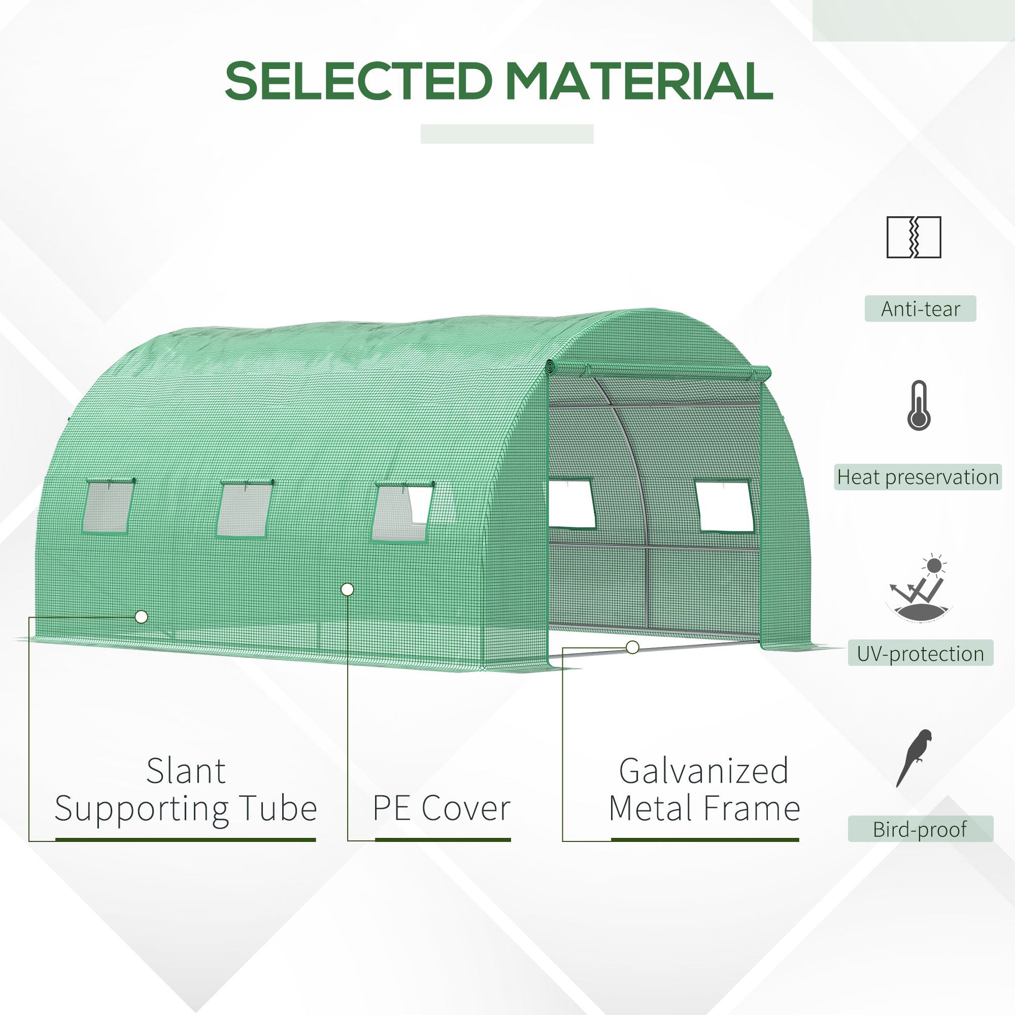 Walk-In Polytunnel Greenhouse, Outdoor Garden Greenhouse with PE Cover, Zippered Roll Up Door and 6 Windows, 4 x 3 x 2 m, Green