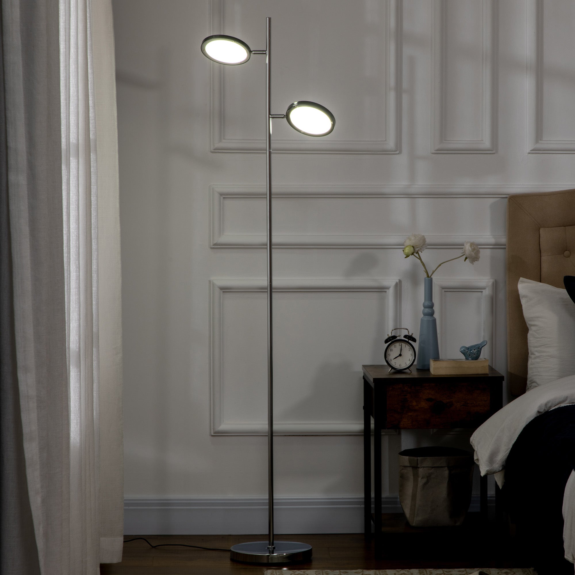 Modern Floor Lamps for Living Room, Standing Lamp with 2 Light White LED, Adjustable Head, 25x25x165cm, Chrome