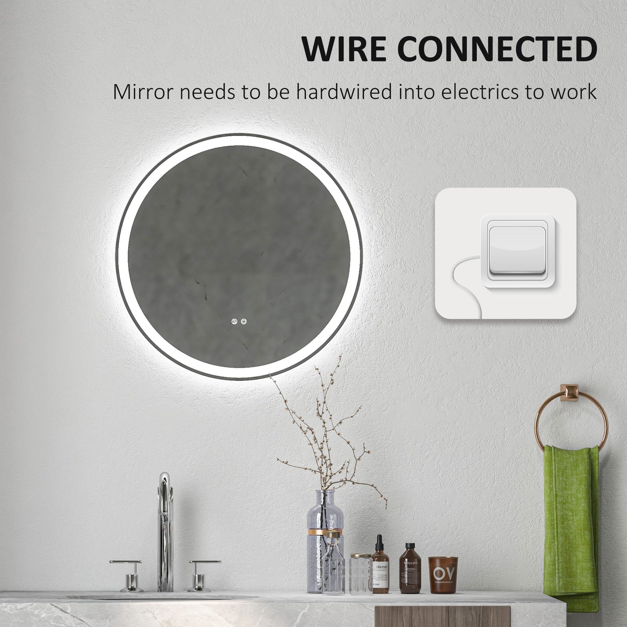 Round Bathroom Mirror with LED Lights, 3 Temperature Colours, Defogging Film, Aluminium Frame, Hardwired, 60 x 60 cm