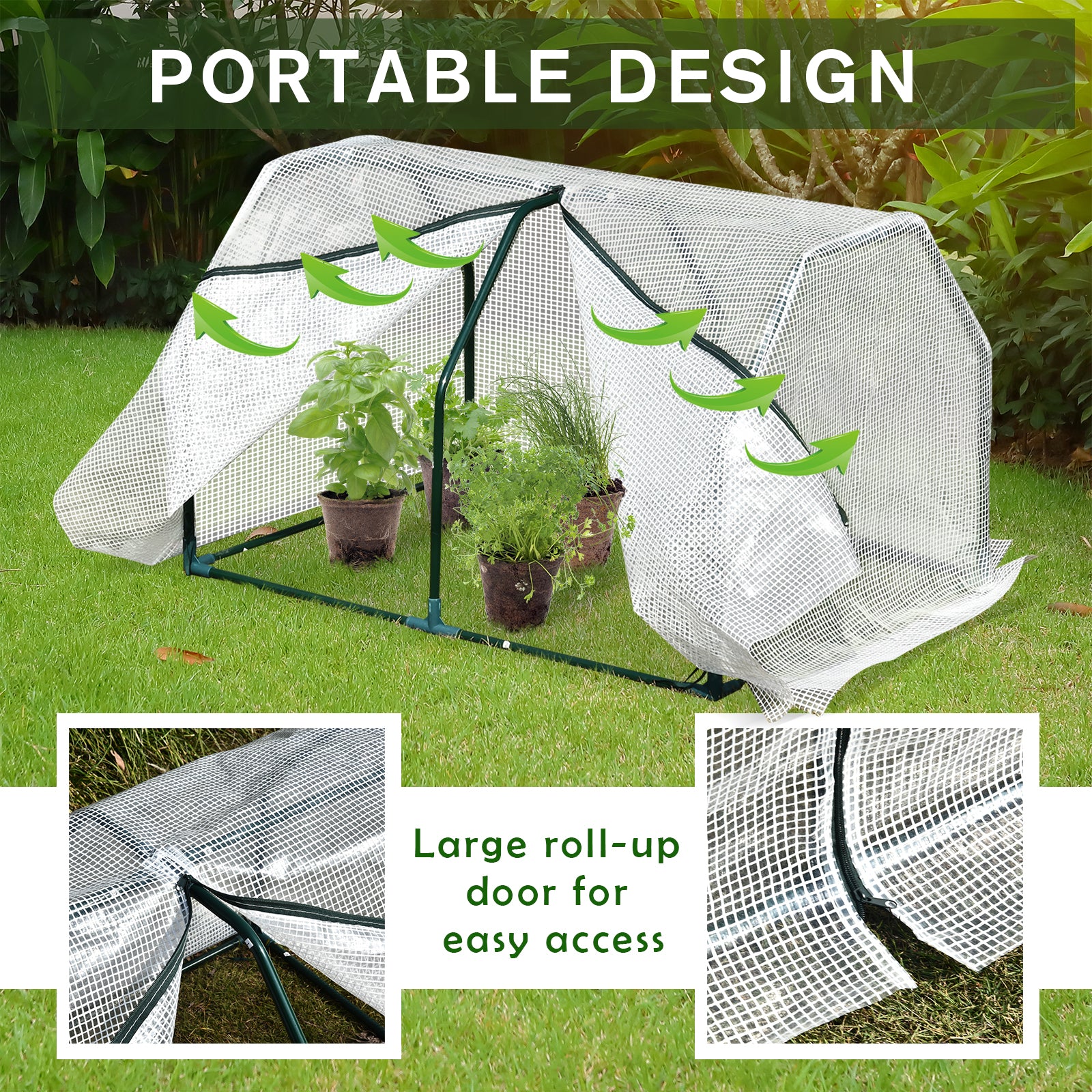 Mini Greenhouse Portable Garden Greenhouse Metal Frame Grow House with PVC Cover, Middle Zip Fastening, 99 x 71 x 60 cm, White