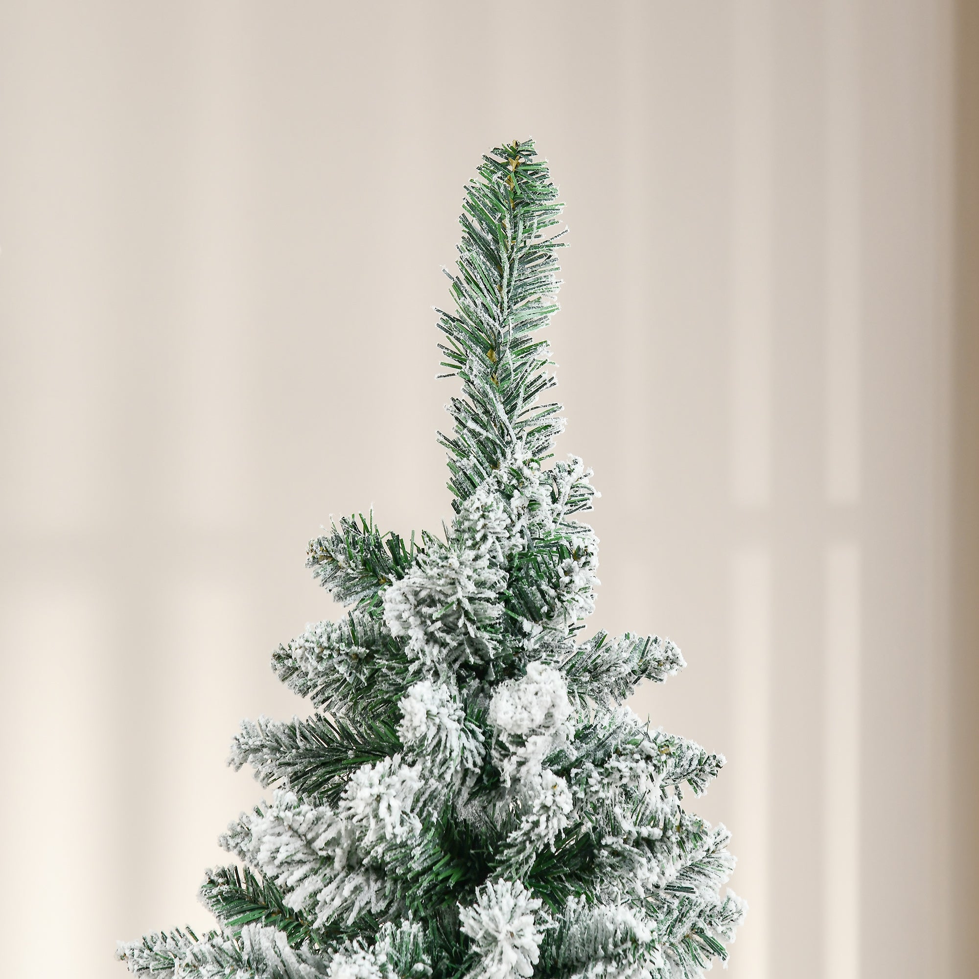 6 Foot Snow Flocked Artificial Christmas Tree, Xmas Pencil Tree with 630 Realistic Branches, Auto Open, Pinewood Base, Green