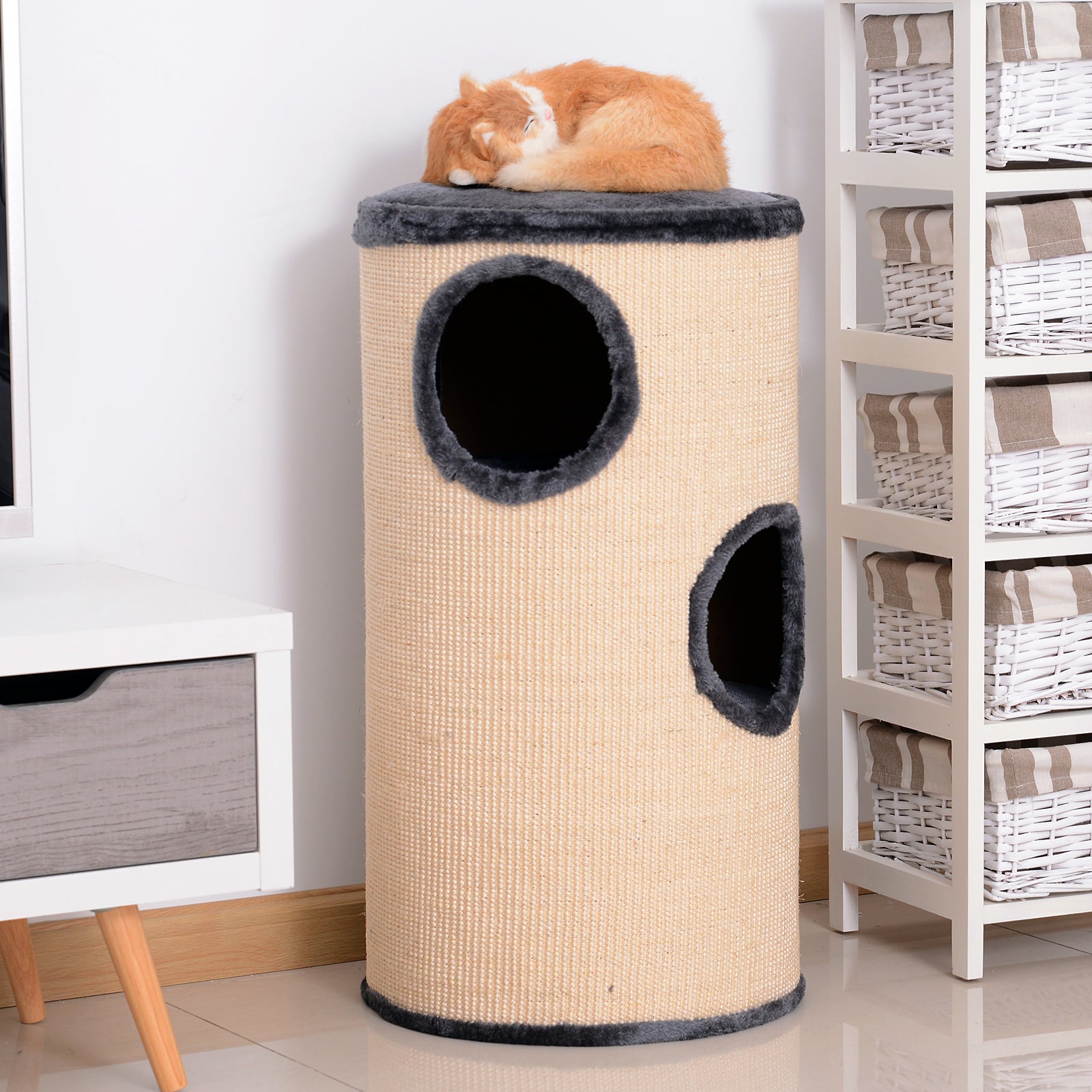 Cat Tree, Plush, Ф38x70H cm-Beige/Grey