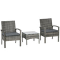 3 Piece Outdoor Rattan Bistro Set with Cushioned Chairs & Coffee Table - Mixed Grey