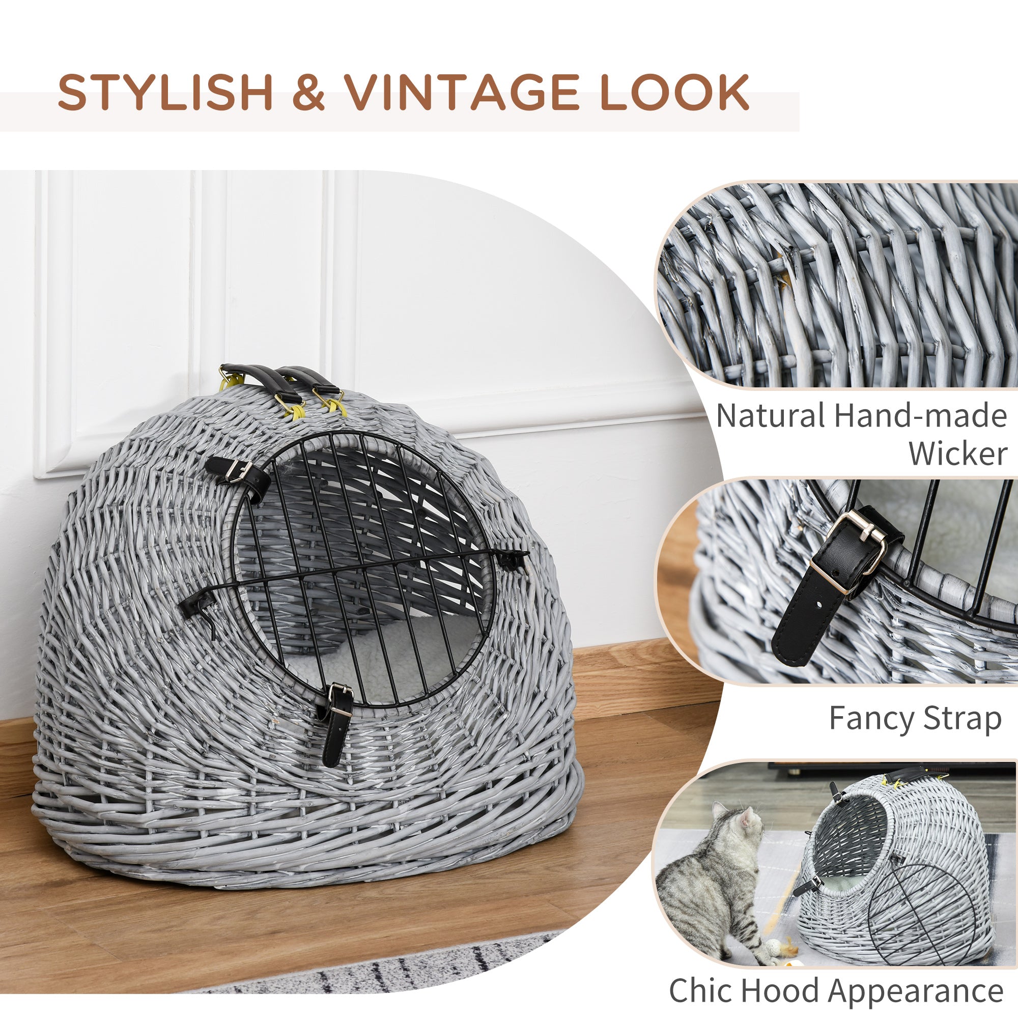 Wicker Pet Carrier Basket Cat Kitten Bed Portable Travel Cage w/ Soft Cushion Handle Grey 50 x 40 x 40 cm