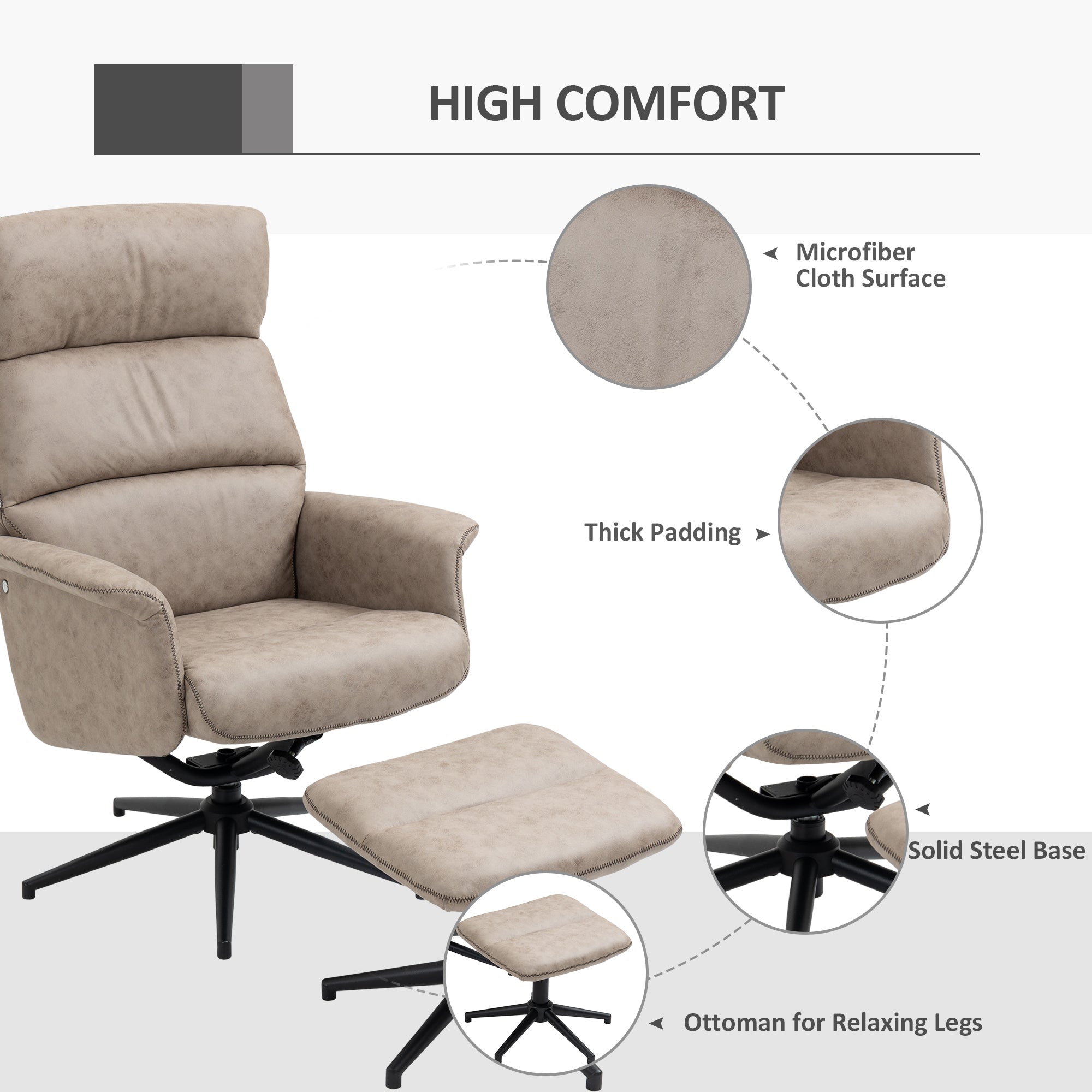 Swivel Recliner Chair and Footstool, Upholstered Reclining Armchair with Ottoman, Adjustable and Removable Headrest, Khaki