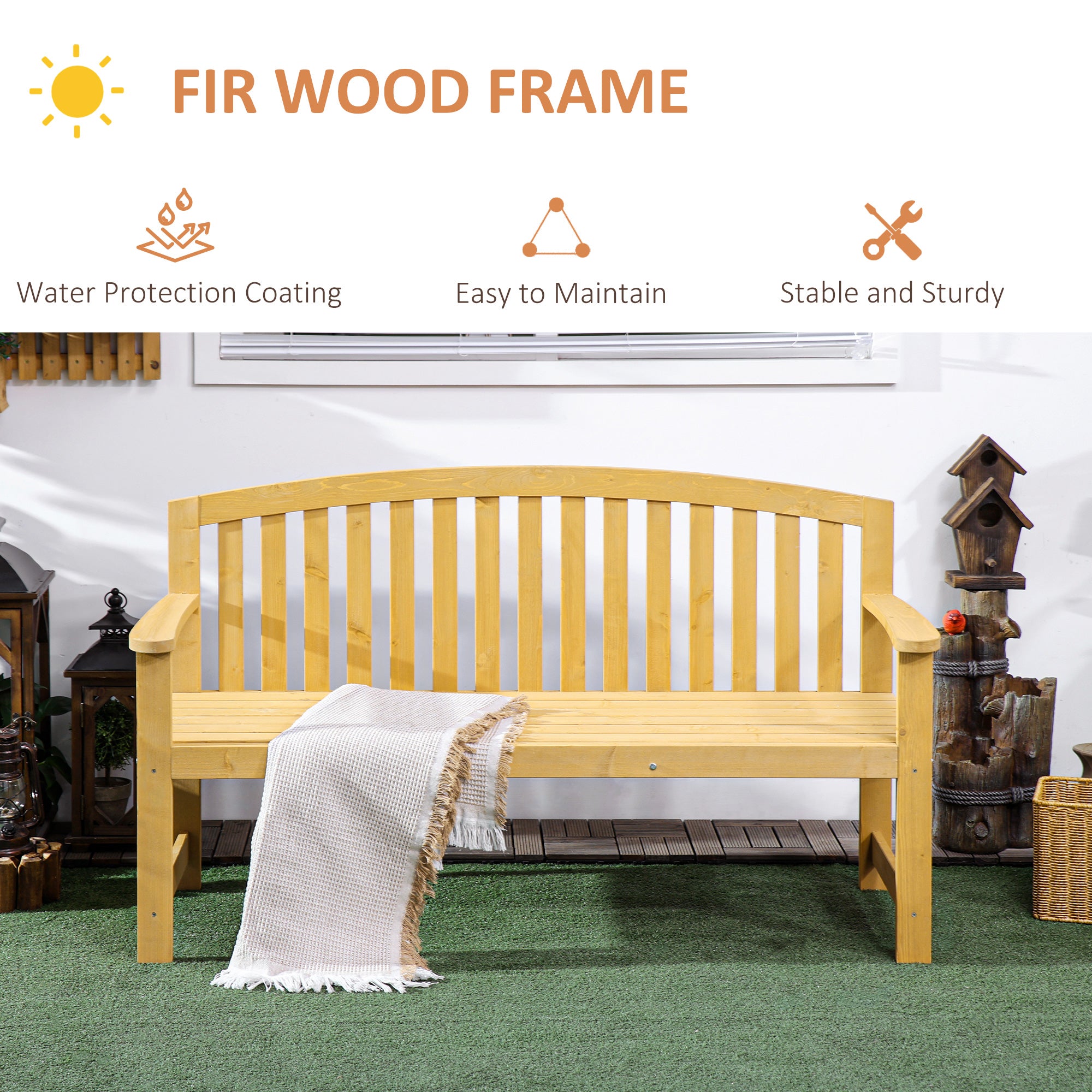2 Seater Wooden Garden Bench with Armrest for Outdoor - Orange