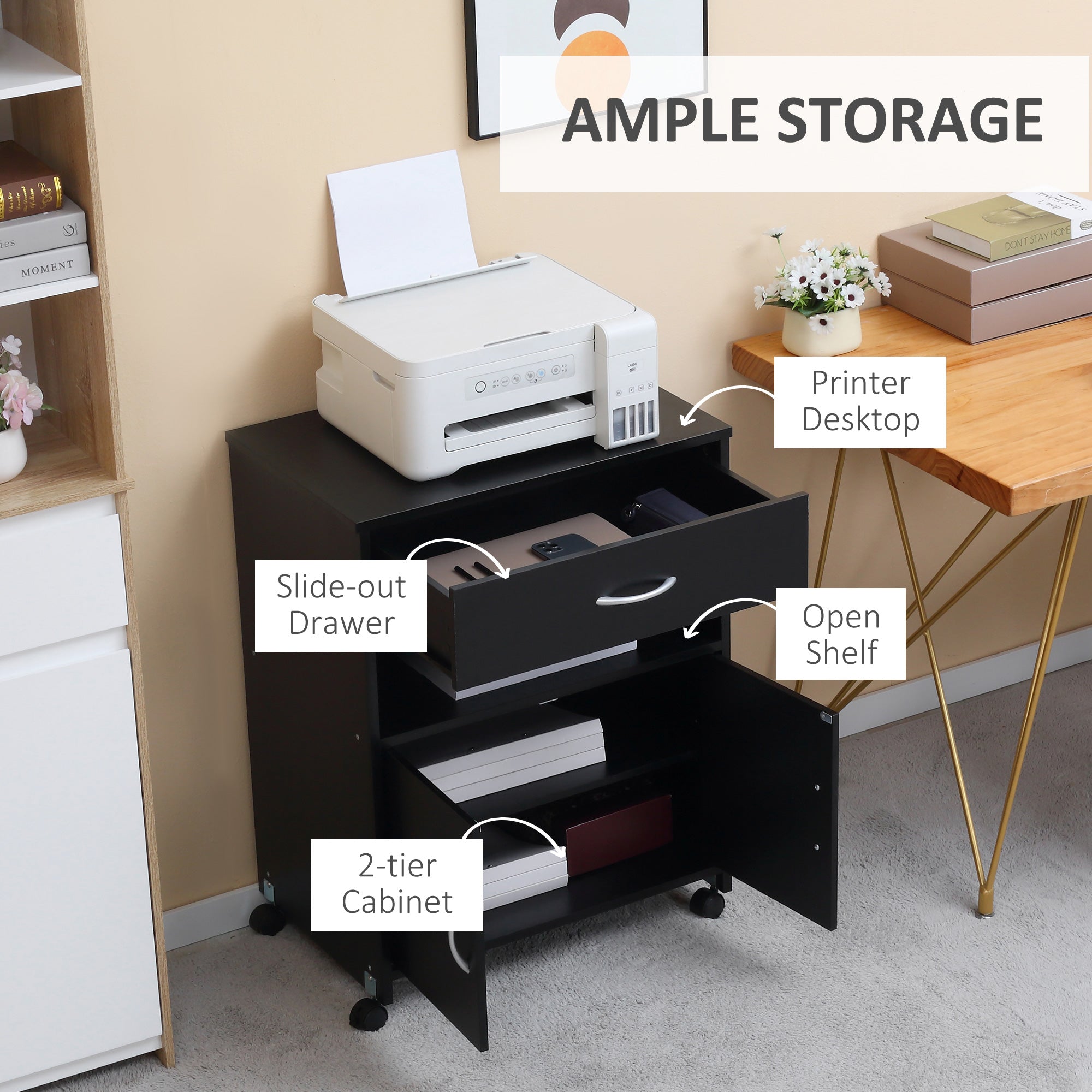 VinsettoPrinter Table, Mobile Printer Cabinet with Storage, Open Shelf, Drawer for Home, Office, Black