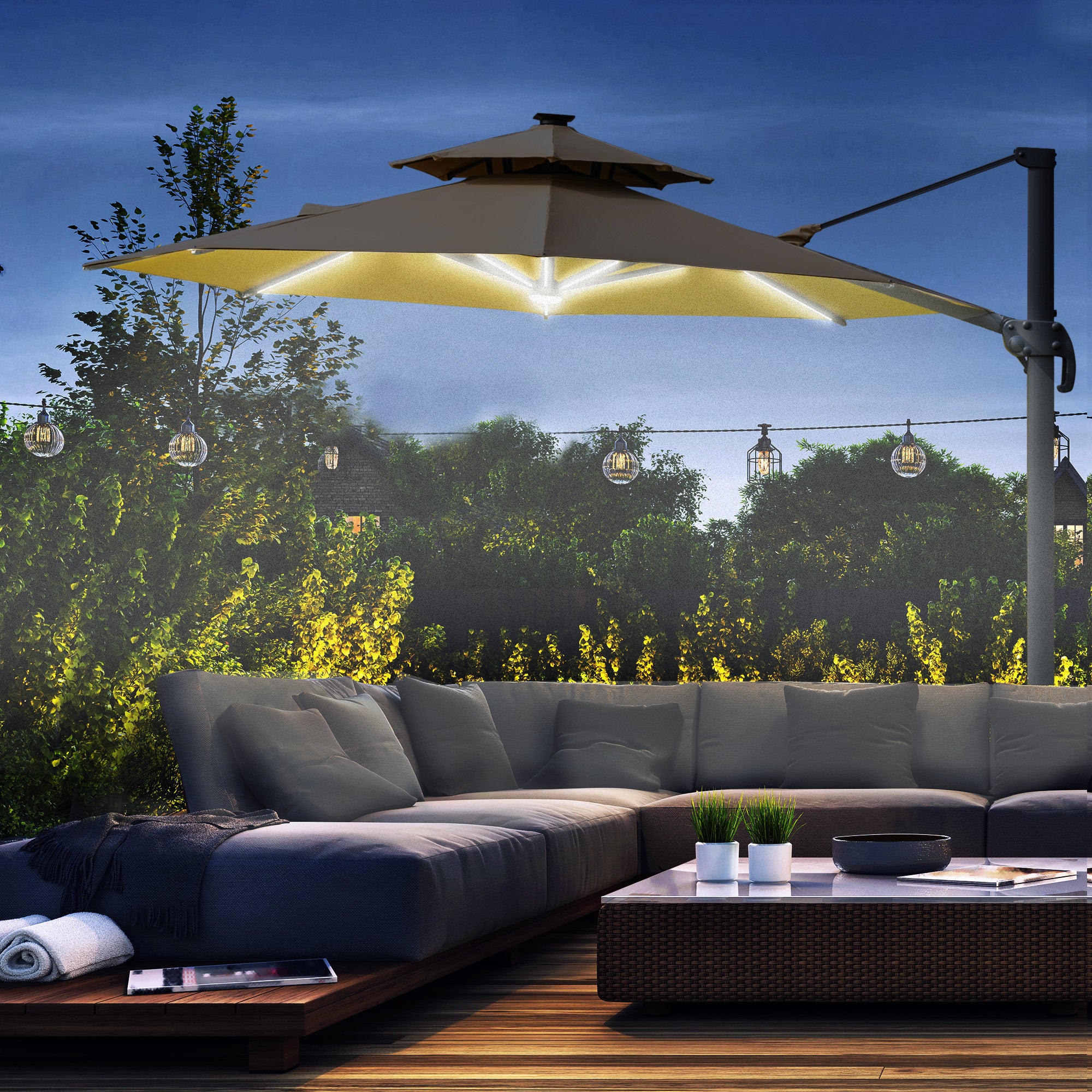 3m Cantilever Parasol w/ Solar Lights Power Bank Cross Base Adjustable Canopy 360° Spin Outdoor Garden Umbrella 2-Tier Roof Sun Shade Khaki