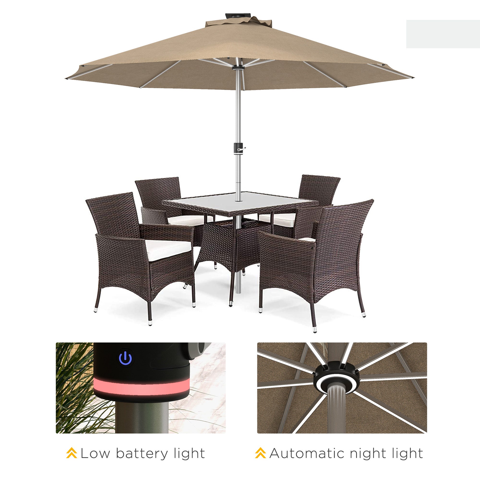 LED Patio Umbrella, Lighted Deck Umbrella with 4 Lighting Modes, Solar & USB Charging, Khaki