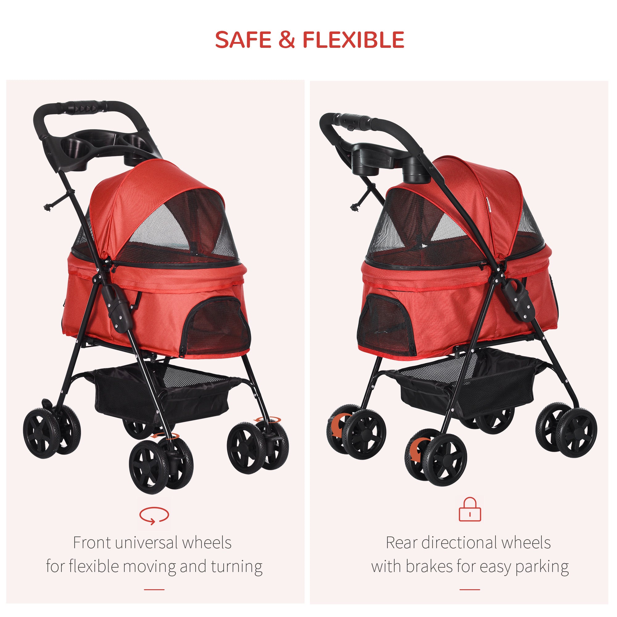 Dog Stroller with Rain Cover, Dog Pushchair One-Click Fold Trolley with EVA Wheels Brake Basket Adjustable Canopy Safety Leash