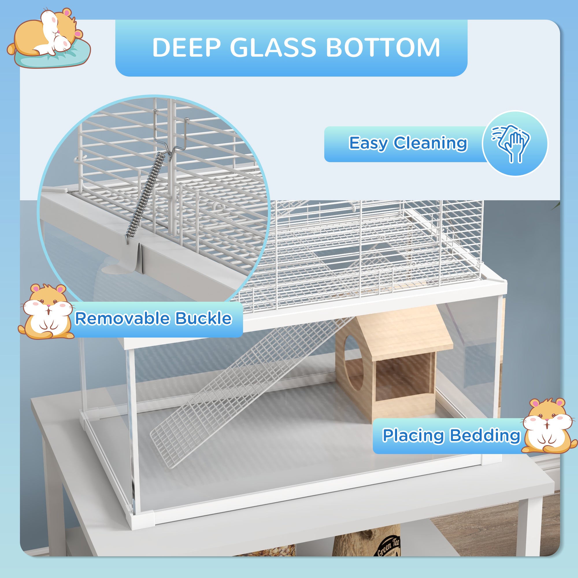 Gerbil Cage, Dwarf Hamster Cage w/ Deep Glass Bottom, Ramps Platforms Hut Exercise Wheel Water Bottle - White