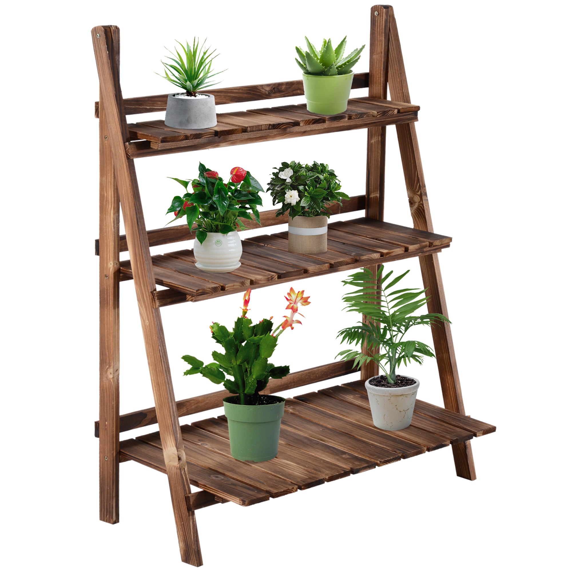 Wooden Folding Flower Pot Stand 3 Tier Garden Planter Display Ladder Gardener Storage Shelves Rack Herb Holder (80L x 37W x 93H (cm))