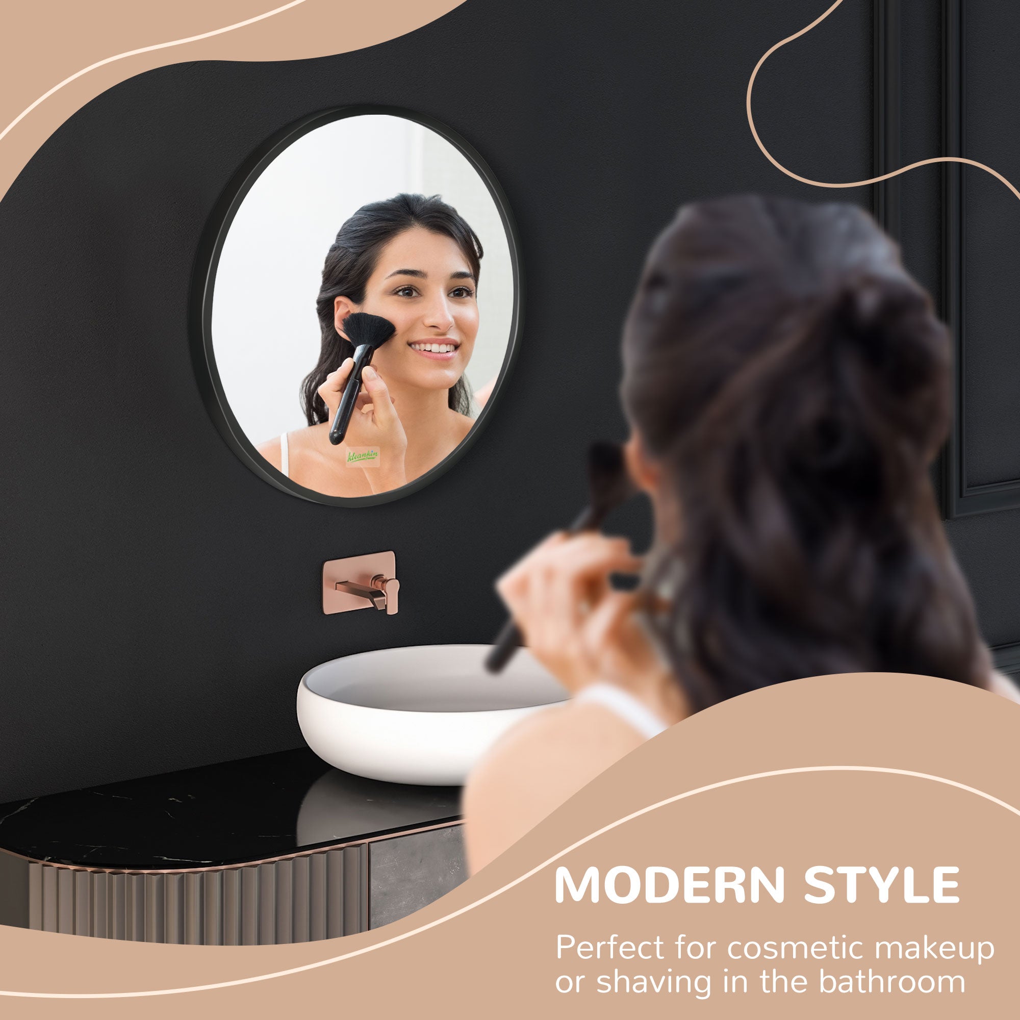 Round Bathroom Mirror, Modern Wall-mounted Makeup Mirror with Aluminium Frame for Washroom Living Room, Black, 40x40 cm