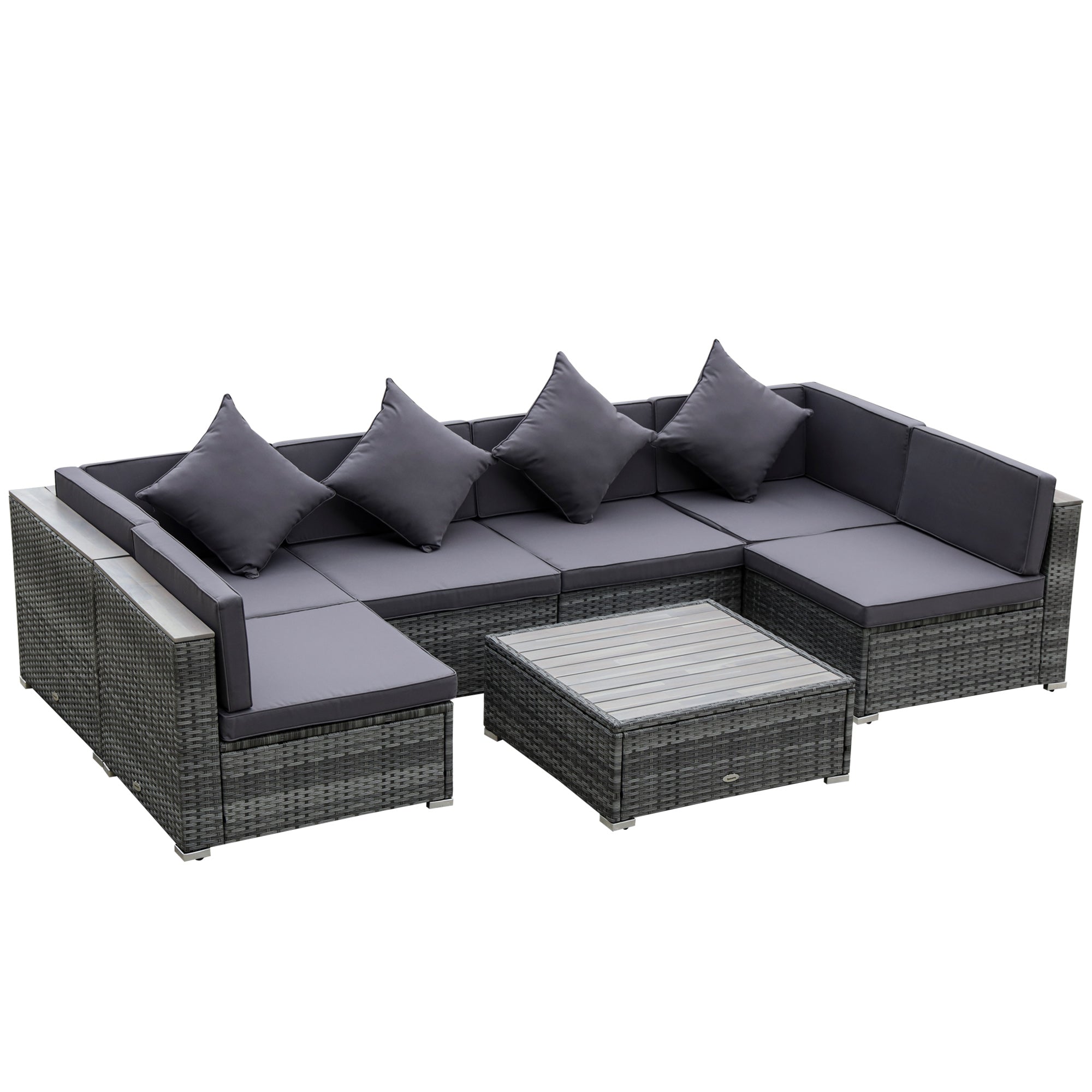 7 Pieces Patio Wicker Sofa Set, Outdoor PE Rattan Sectional Furniture Set w/ Acacia Table Top & Cushion for Garden, Backyard, Grey