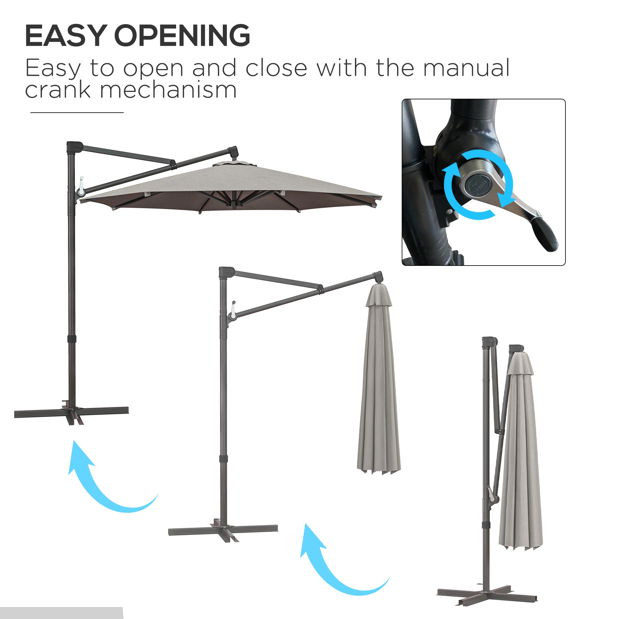 3 m Cantilever Banana Parasol with Cross Base, 360° Rotation Patio Umbrella with Crank Handle, Tilt, Light Grey