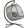 Double Outdoor Hanging Swing Chair with Metal Stand, Foldable Basket & Cup Holders - Sand Brown