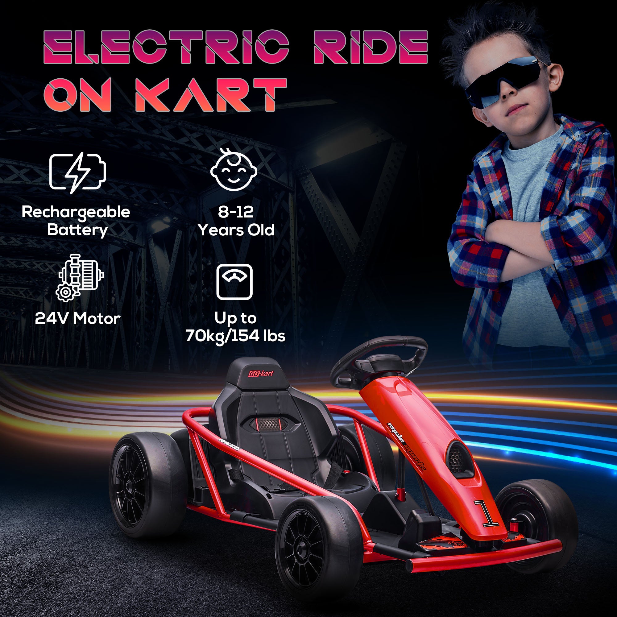 24V Electric Kids Go Kart with Drift and 2 Speeds for Ages 8-12 - Red
