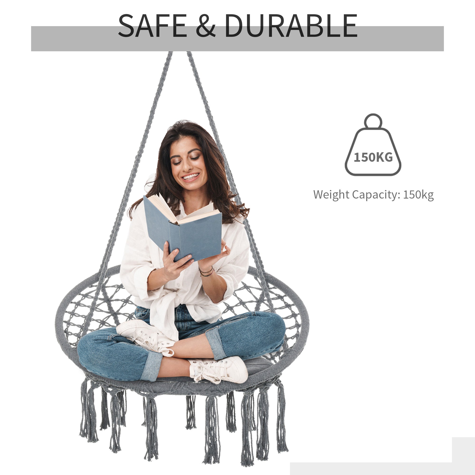 Cotton-Polyester Blend Macrame Hanging Chair Swing Hammock for Indoor & Outdoor Use with Backrest, Fringe Tassels, Grey