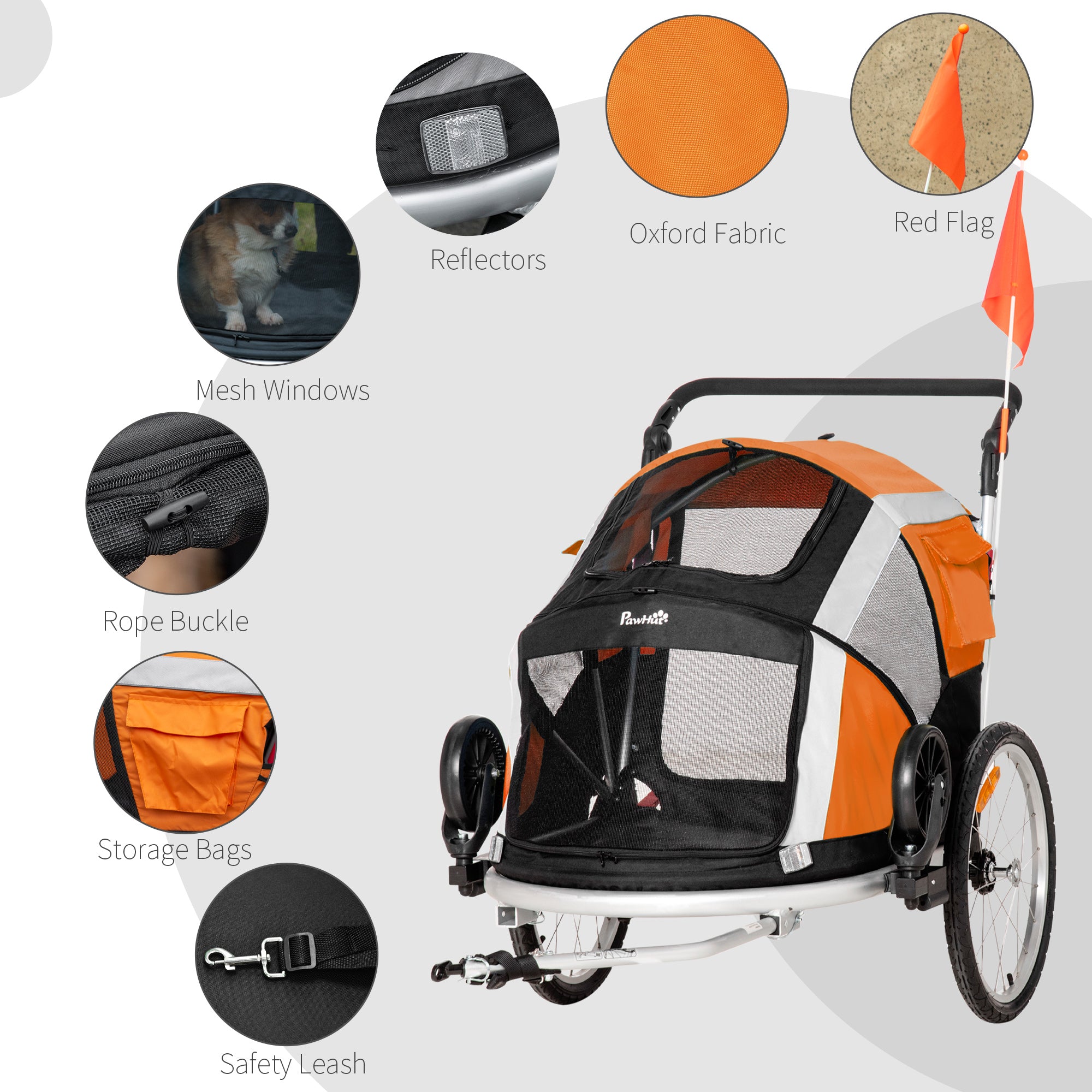 Dog Bike Trailer 2-in-1 Pet Stroller for Large Dogs Cart Foldable Bicycle Carrier Aluminium Frame with Safety Leash Hitch Coupler Flag Orange