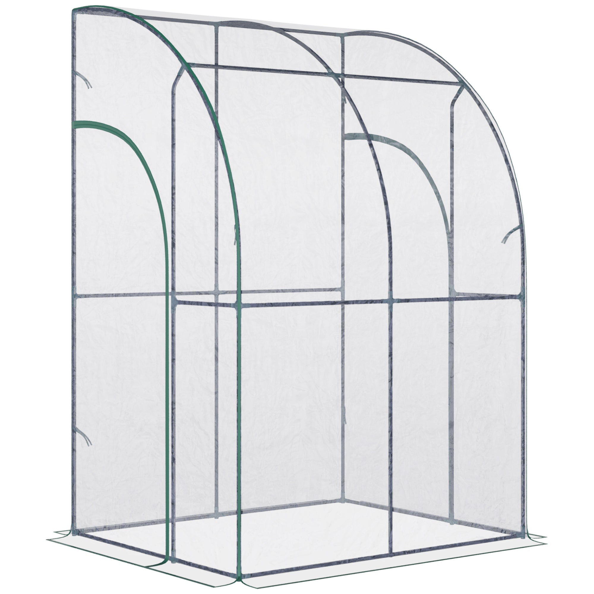 Walk-In Greenhouse Lean to Wall Tunnel Greenhouse with Zippered Roll Up Door PVC Cover Sloping Top, 143 x 118 x 212 cm