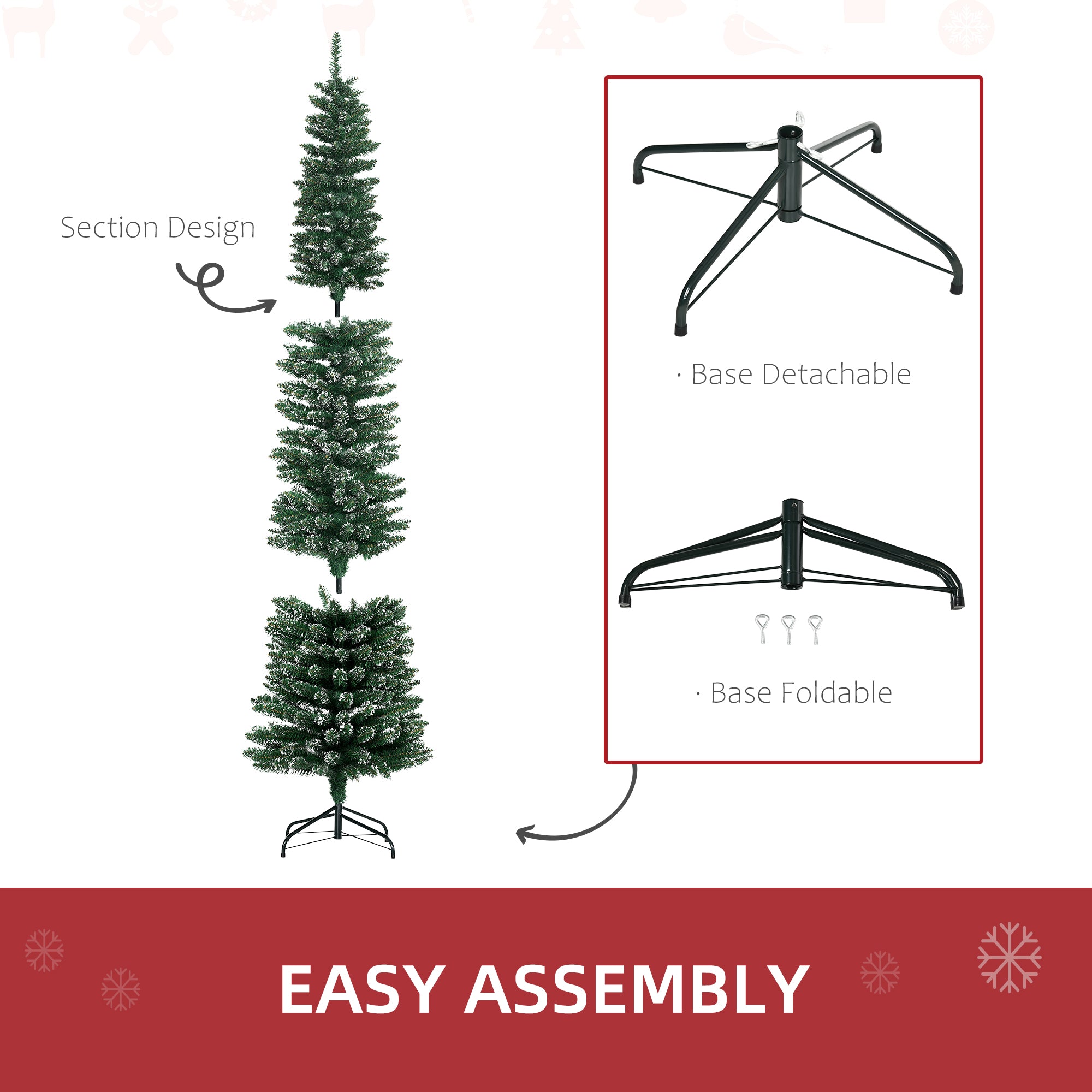 7.5FT Artificial Christmas Tree Snow Dipped Xmas Pencil Tree Holiday Home Indoor Decoration with Foldable Black Stand, Green