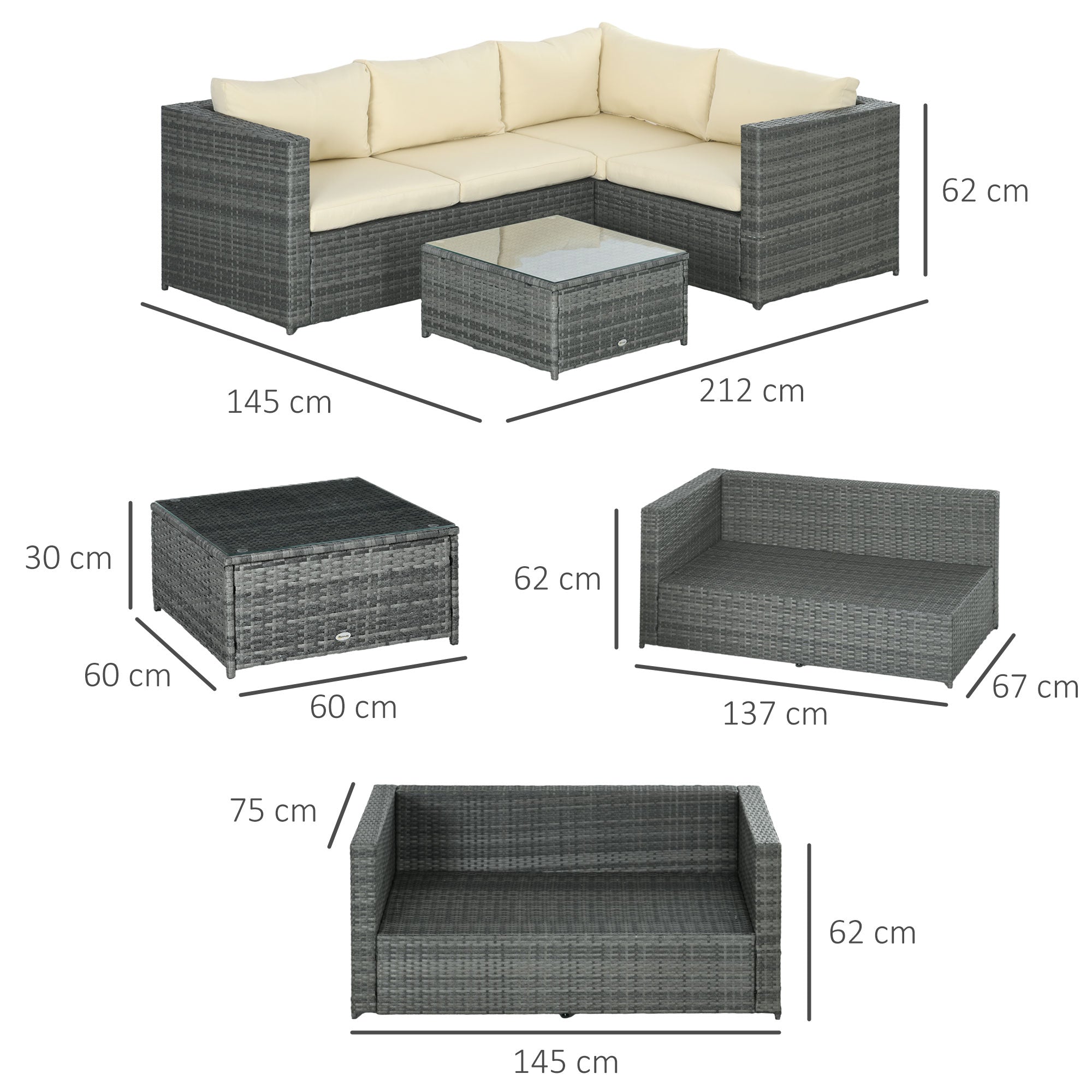 3Pcs Rattan Garden Furniture 4 Seater Outdoor Patio Corner Sofa Chair Set with Coffee Table Thick Cushions, Beige