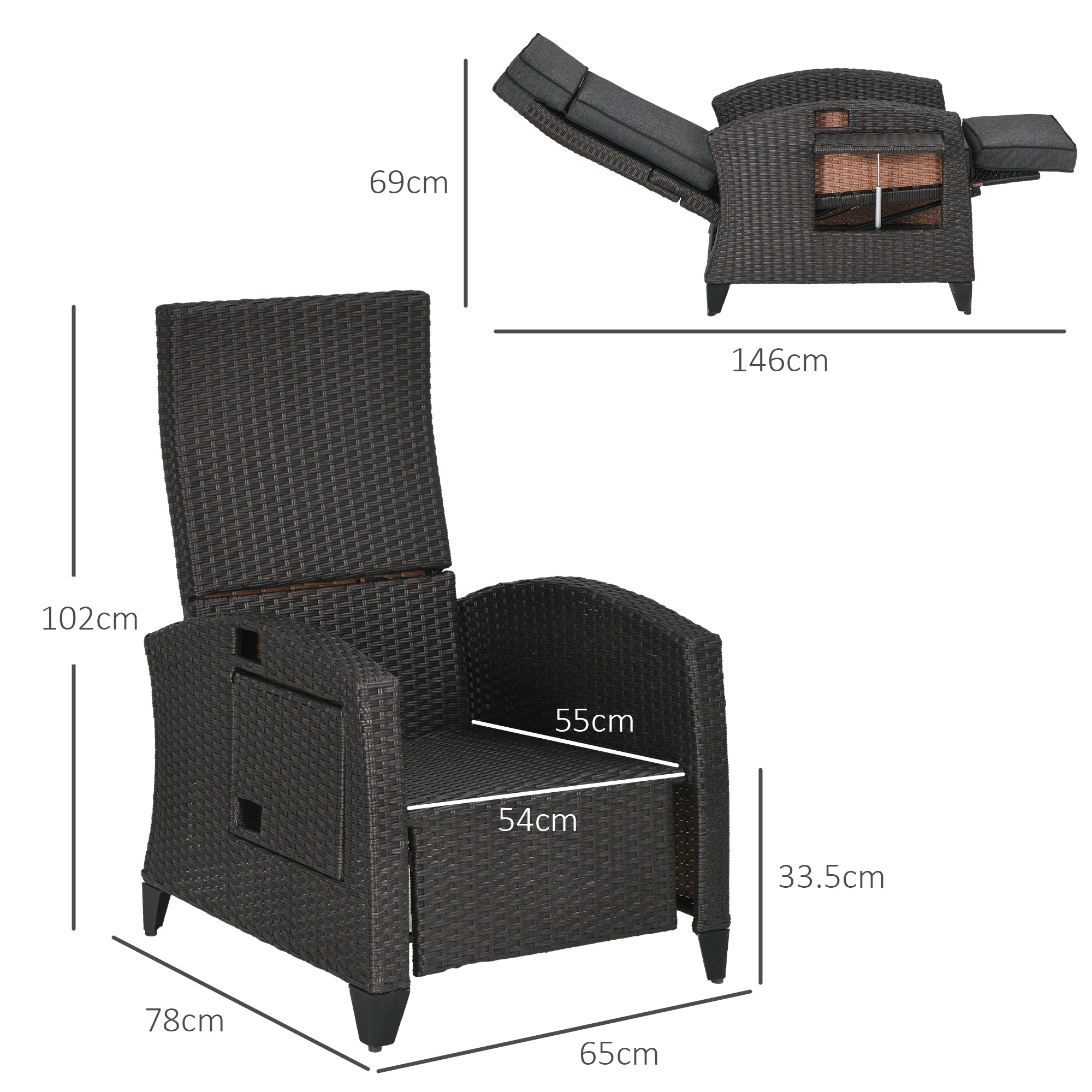 Outdoor Recliner Chair with Adjustable Backrest and Footrest, Cushion, Side Tray, Grey