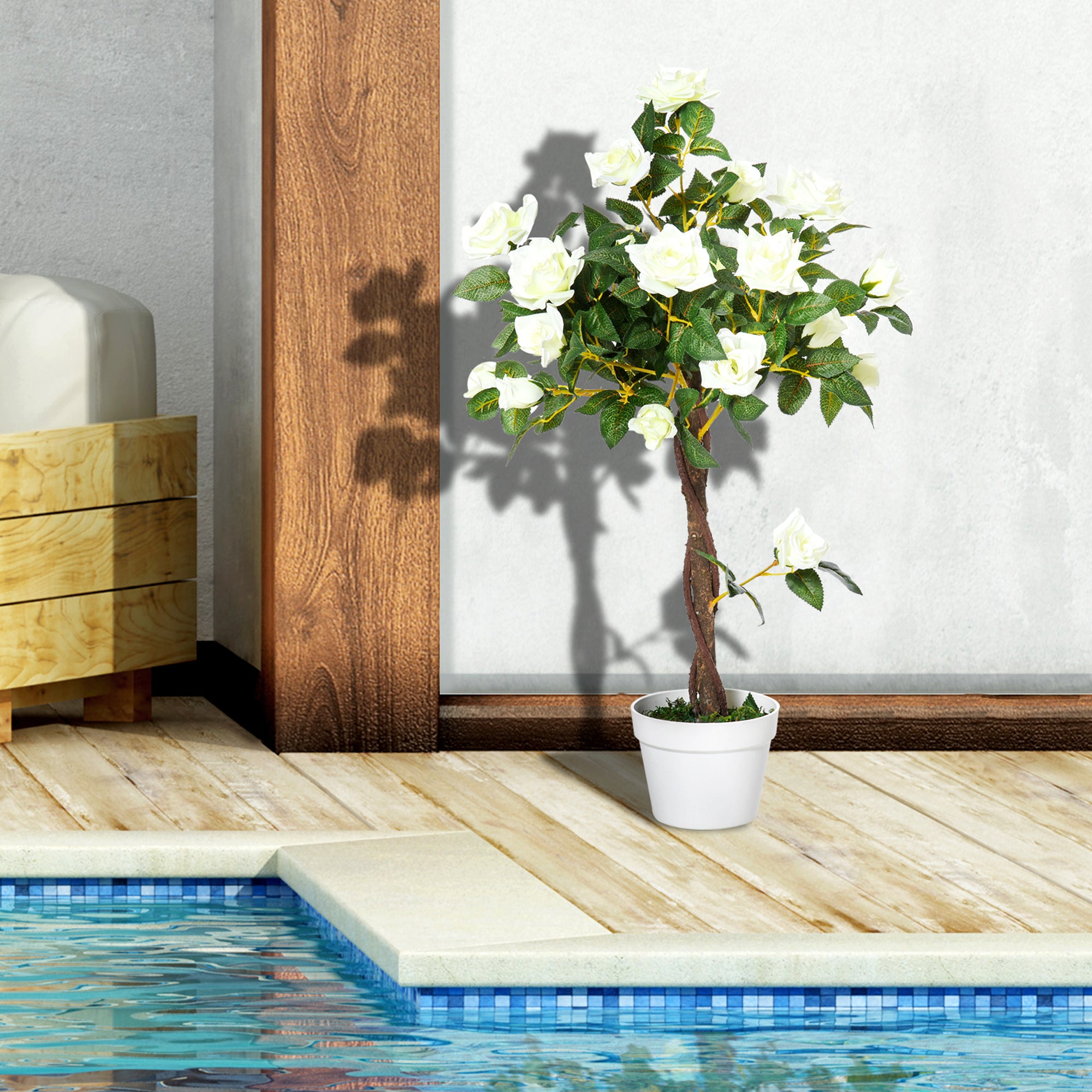 Set of 2 Artificial White Rose Plants in Cement Pots 90cm - White