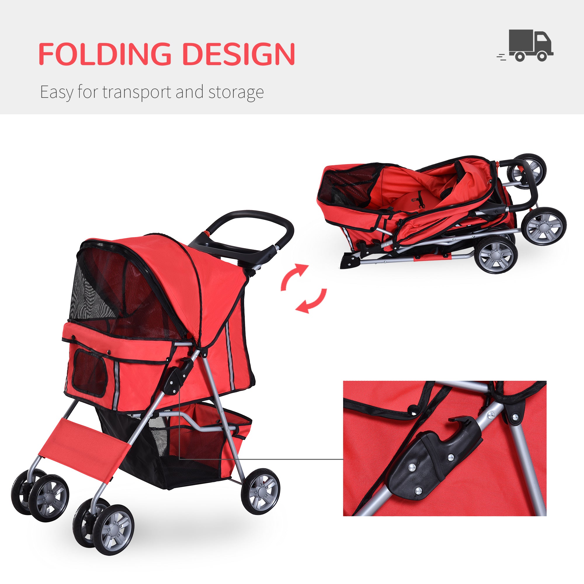 Dog Stroller with Rain Cover for Small Miniature Dogs, Folding Pet Pram with Cup Holder, Storage Basket, Reflective Strips, Red