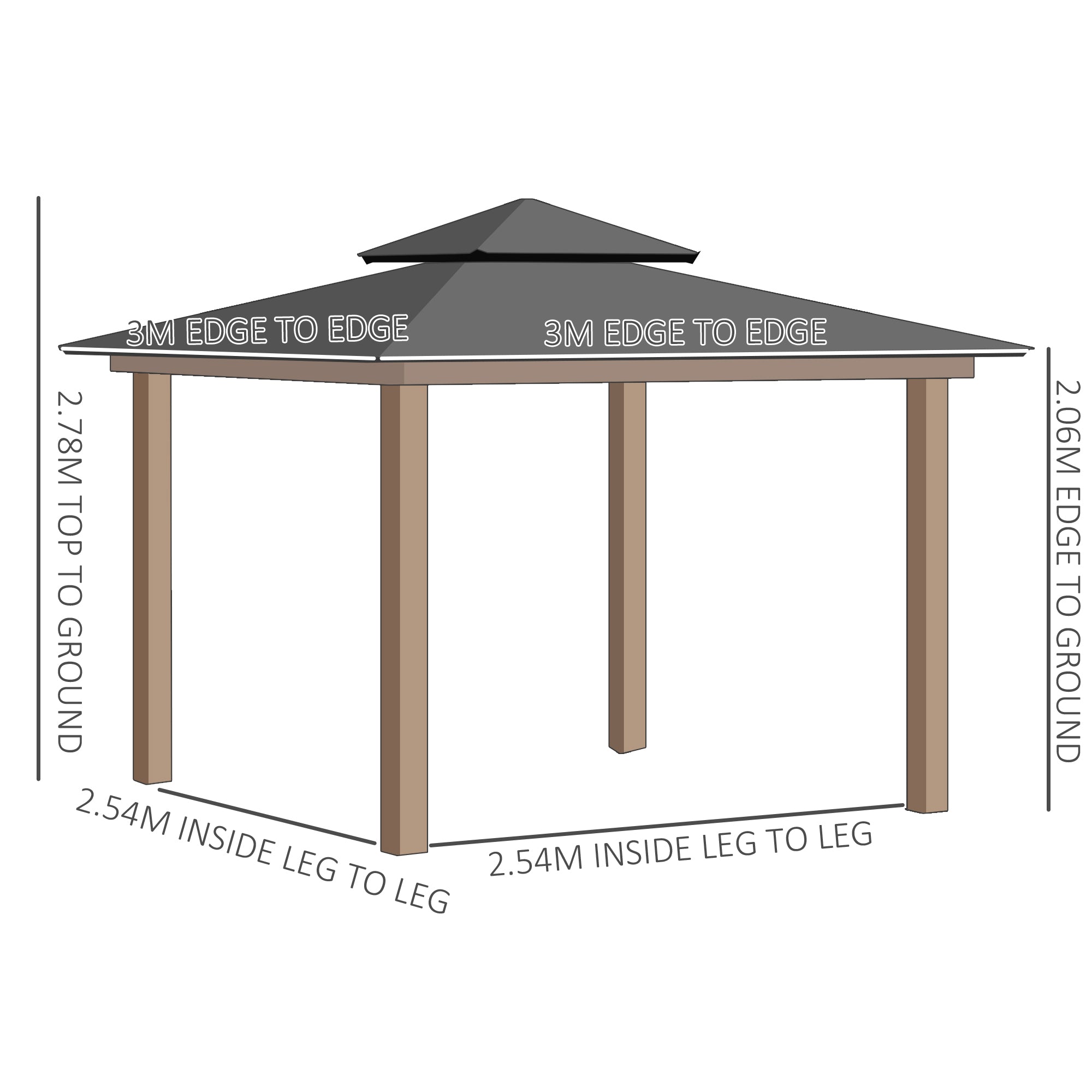 3 x 3 (m) Outdoor Polycarbonate Gazebo, Double Roof Hard Top Gazebo with Galvanized Steel Frame, Nettings & Curtains