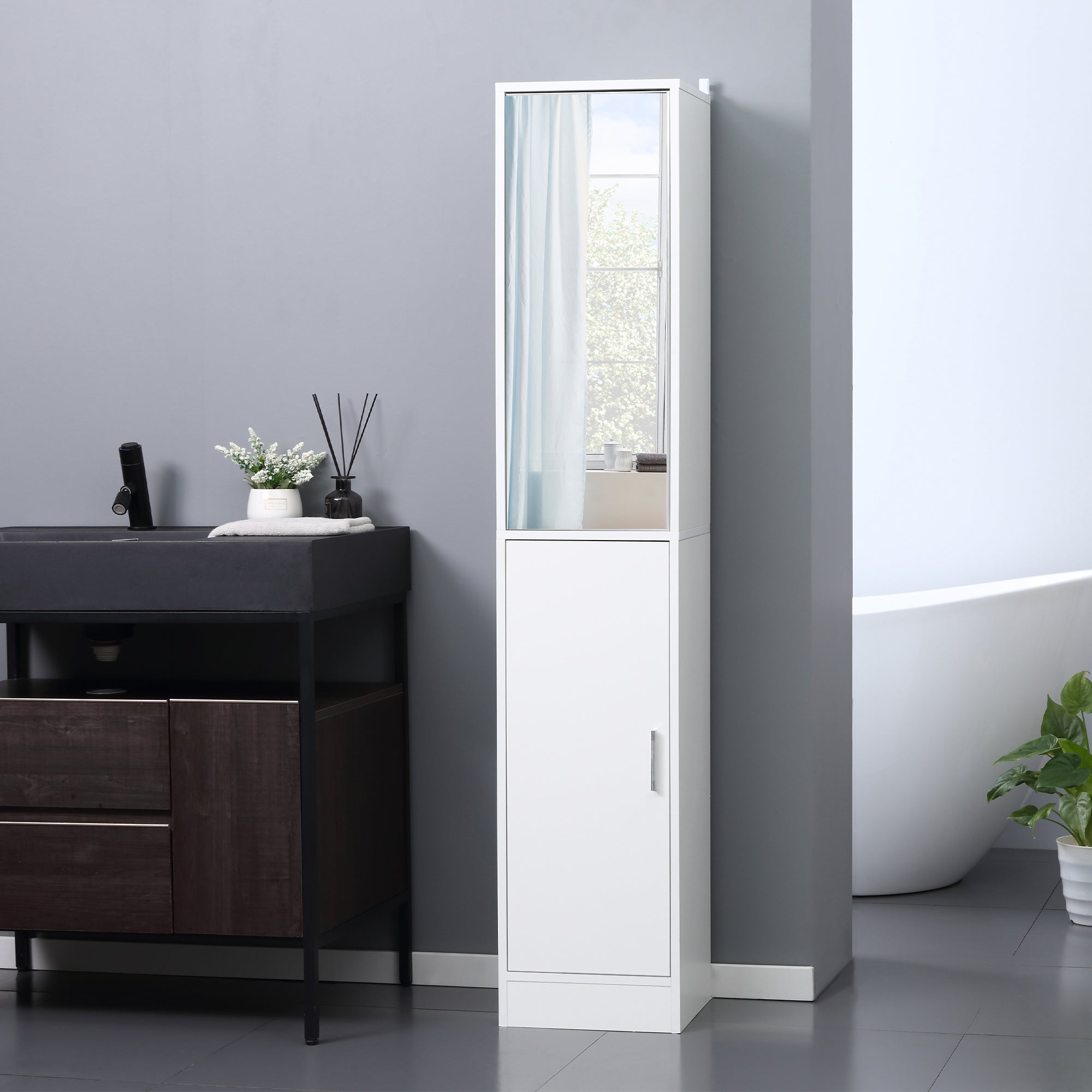 Tall Mirrored Bathroom Cabinet, Bathroom Storage Cupboard, Floor Standing Tallboy Unit with Adjustable Shelf, White