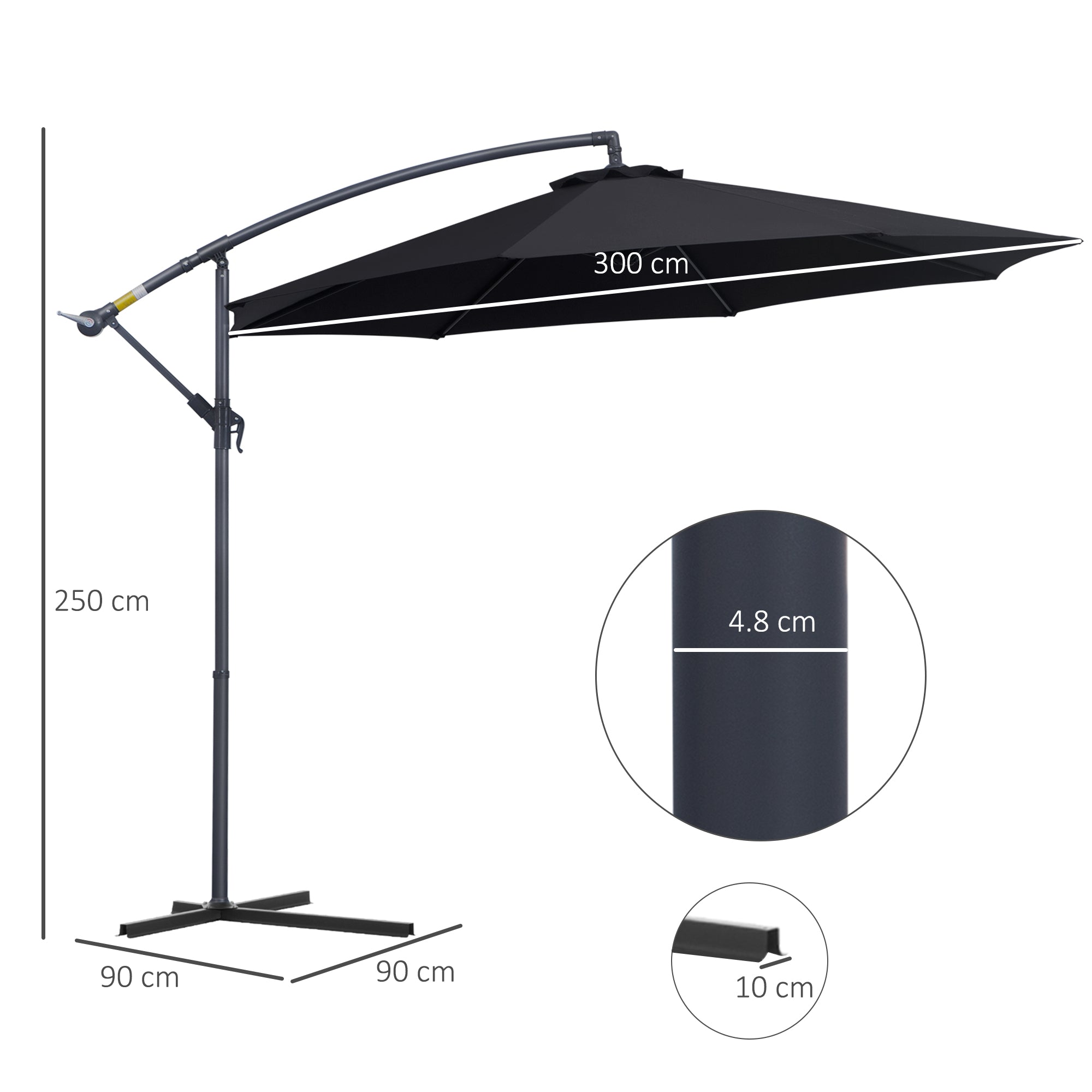 3(m) Garden Cantilever Parasol Patio Banana Hanging Umbrella Sun Shade with Crank & Tilt, 8 Ribs and Cross Base, Black