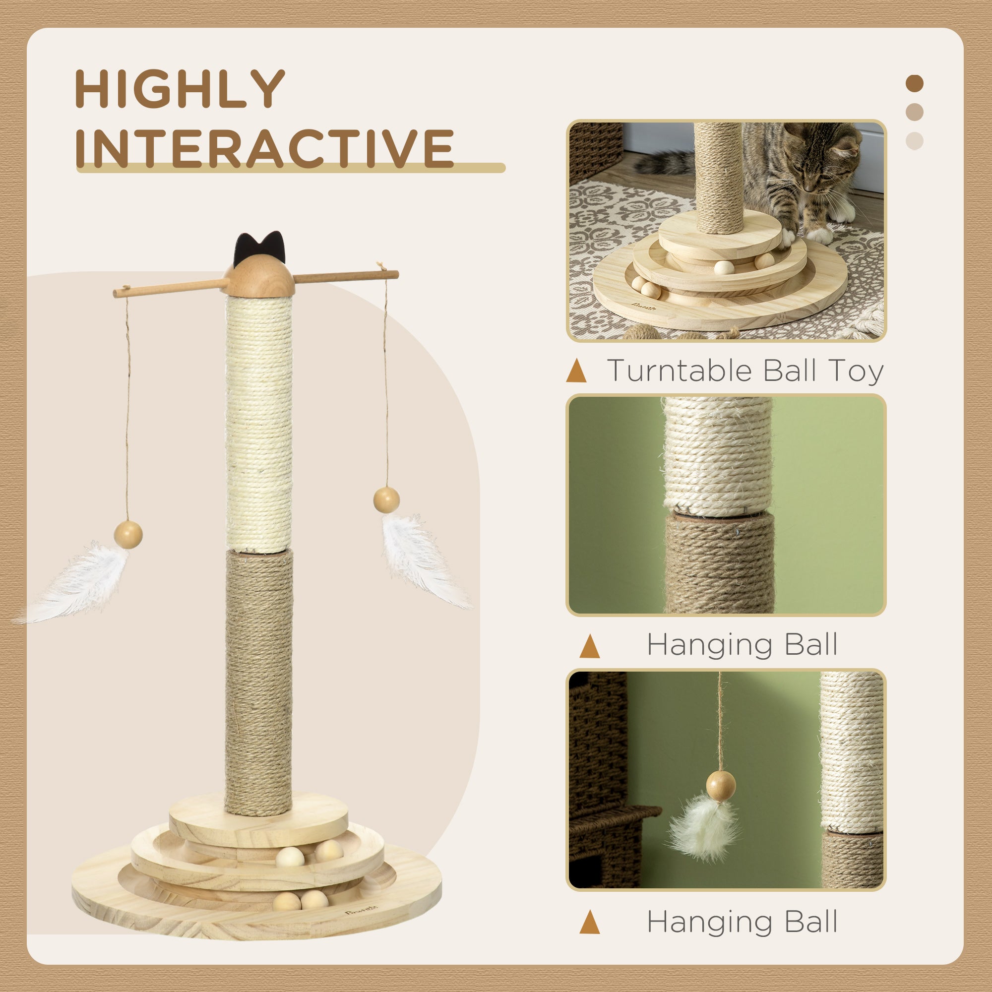 56cm Cat Tree, Kitty Activity Center with Turntable Interactive Ball Toy, Cat Tower with Jute & Sisal Scratching Post, Natural