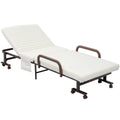 Folding Guest Bed with 8cm Mattress, Adjustable Backrest, Metal Frame on Wheels - Brown