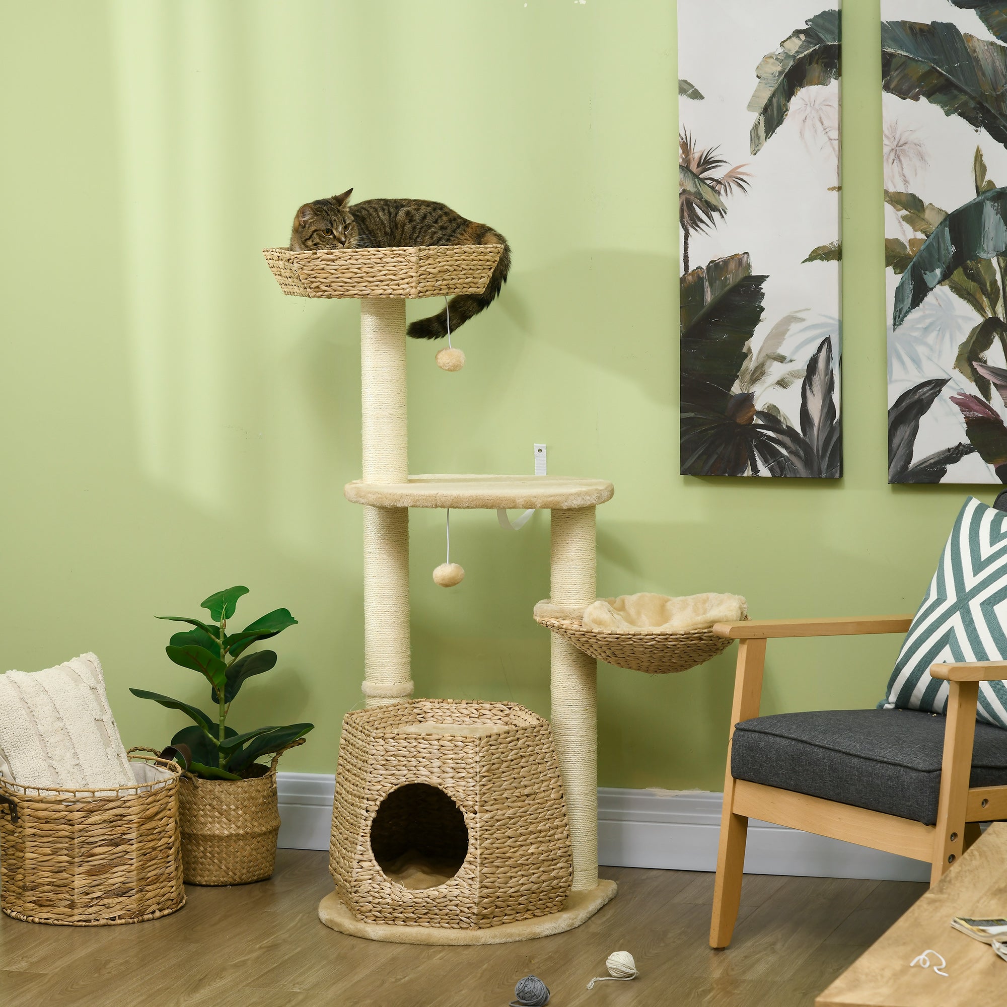 Cat Tree Tower, Climbing Activity Centre, Kitten Furniture w/ Cattail, Bed, House, Sisal Post, Hanging Ball, Natural Tone