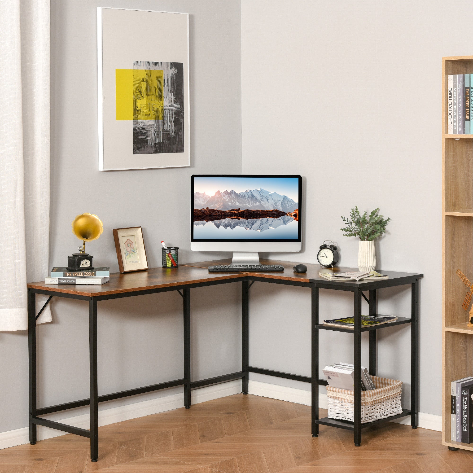 L-Shaped Computer Desk Industrial Cornor Writing Desk with Adjustable Storage Shelf Space-Saving Home Office Workstation Rustic Brown