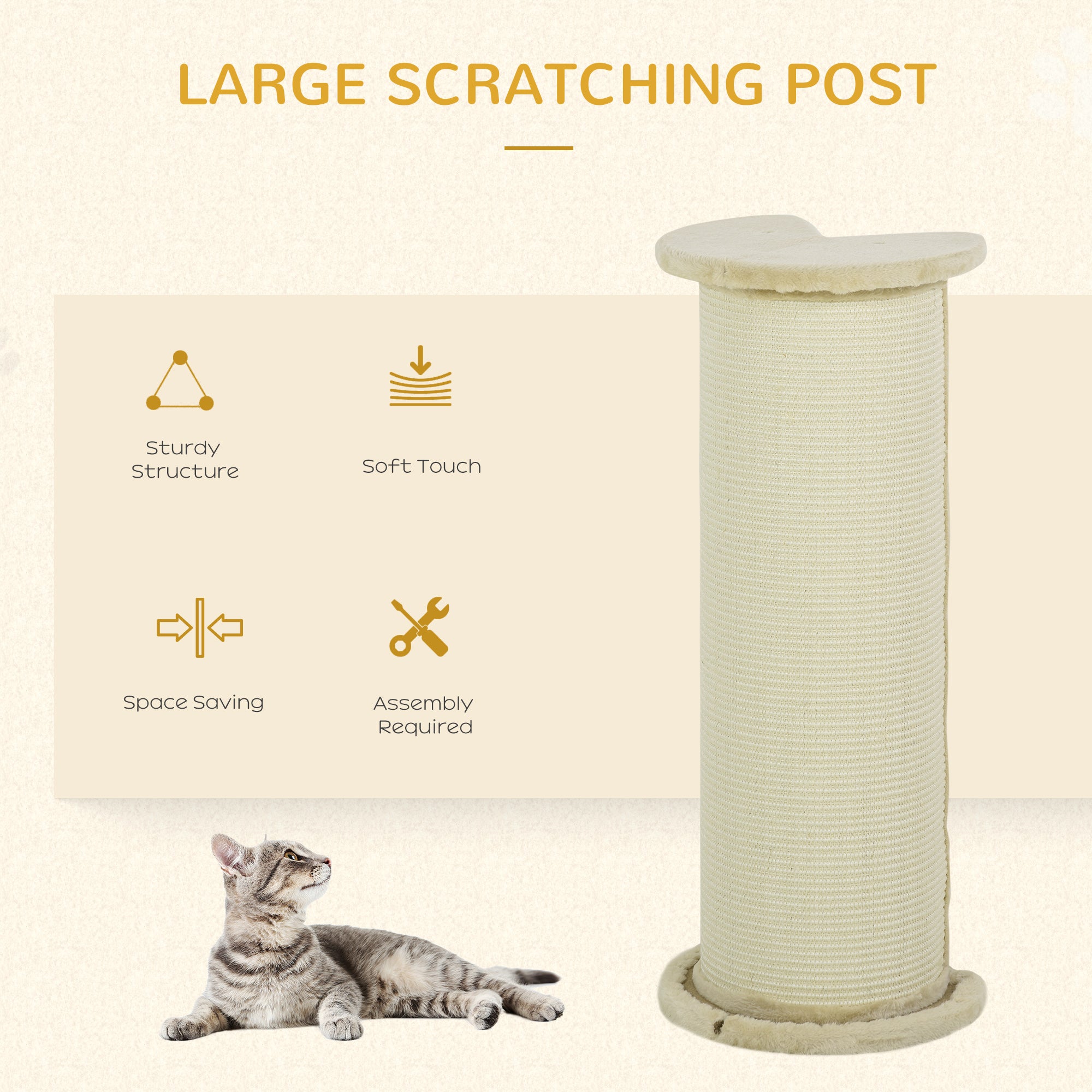85cm Cat Scratching Post with Sisal Rope and Plush Top, Anti-Tip Corner Design - Beige