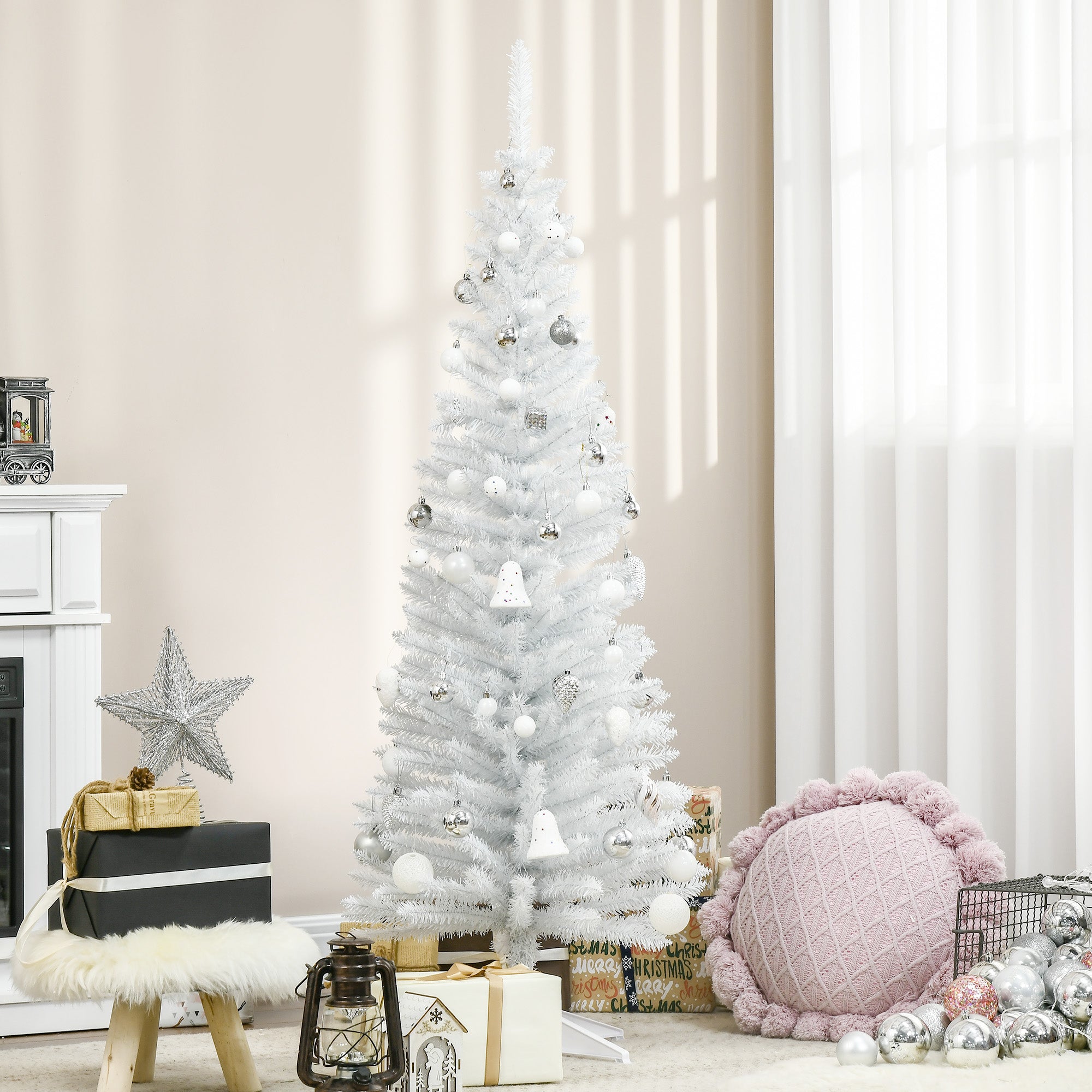 5T Artificial Pine Pencil Slim Tall Christmas Tree with Branch Tips Xmas Holiday Décor with Stand White