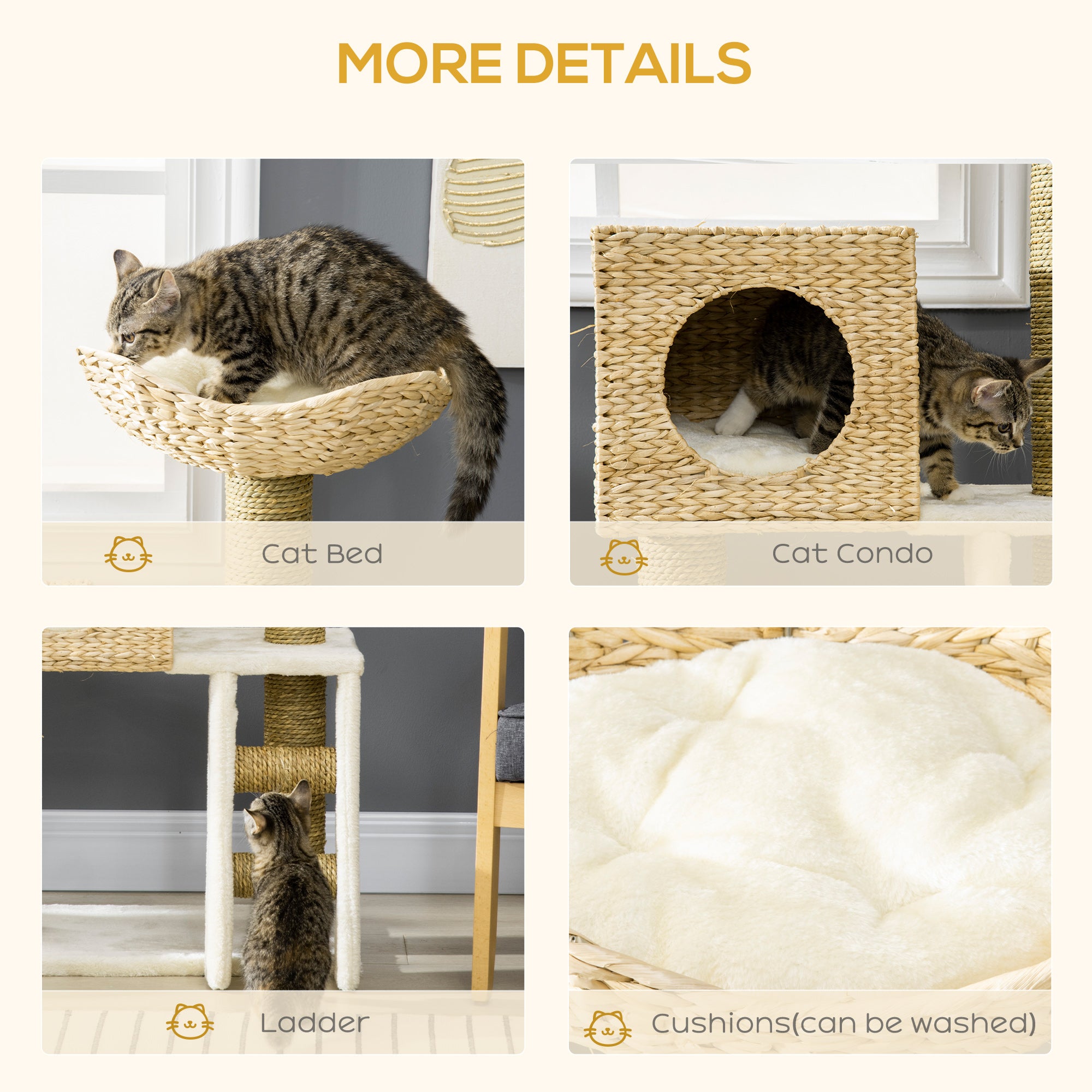 Cat Tree for Indoor Cats Kitten Tower Cattail Weave with Scratching Posts, Cat House, Bed, Ladder, Washable Cushions, Natural Finish