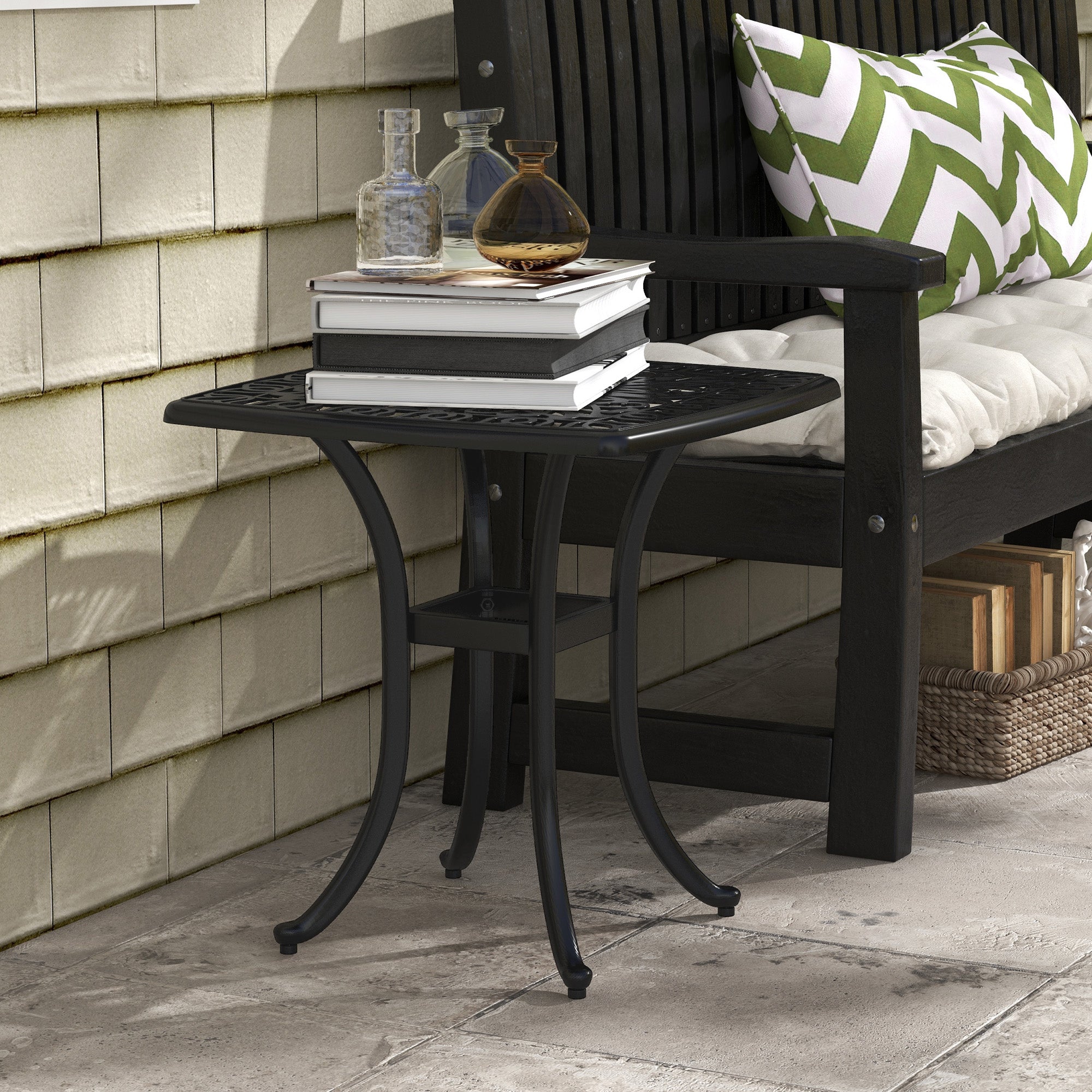 Cast Aluminium Bistro Table, Outdoor Square Side Table with Umbrella Hole, Garden Table for Balcony, Poolside, Black