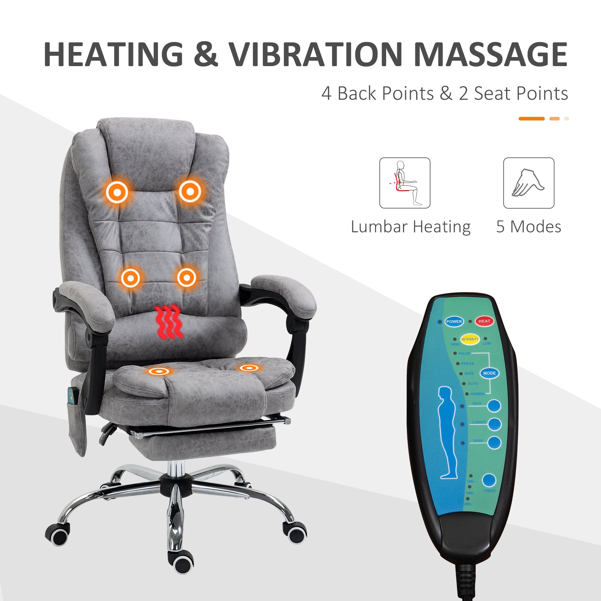 Heated 6 Points Vibration Massage Executive Office Chair Adjustable Swivel Ergonomic High Back Desk Chair Recliner with Footrest Grey