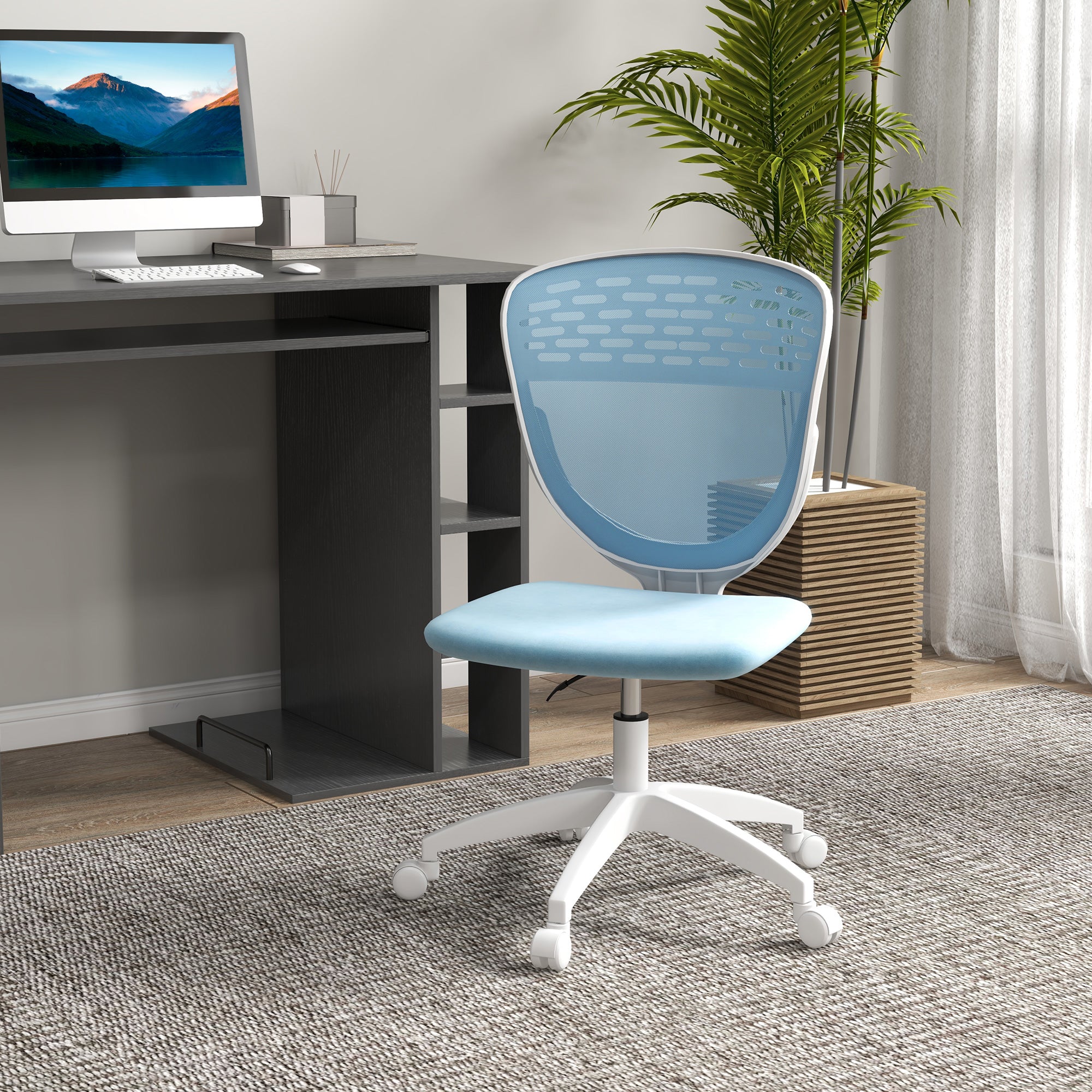 Armless Desk Chair, Mesh Office Chair, Height Adjustable with Swivel Wheels, Blue