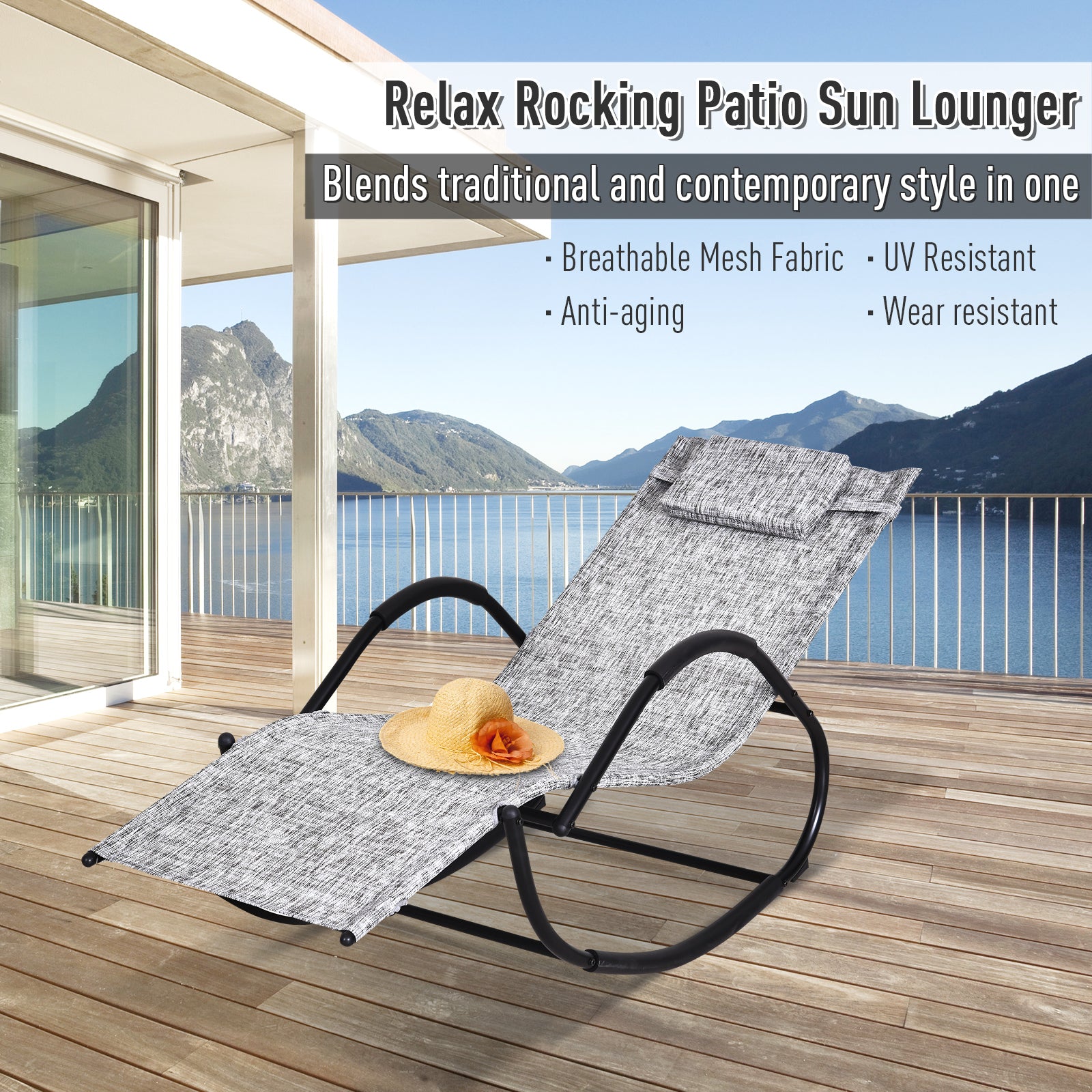 Patio Rocking Lounge Chair with Padded Pillow Grey Texteline