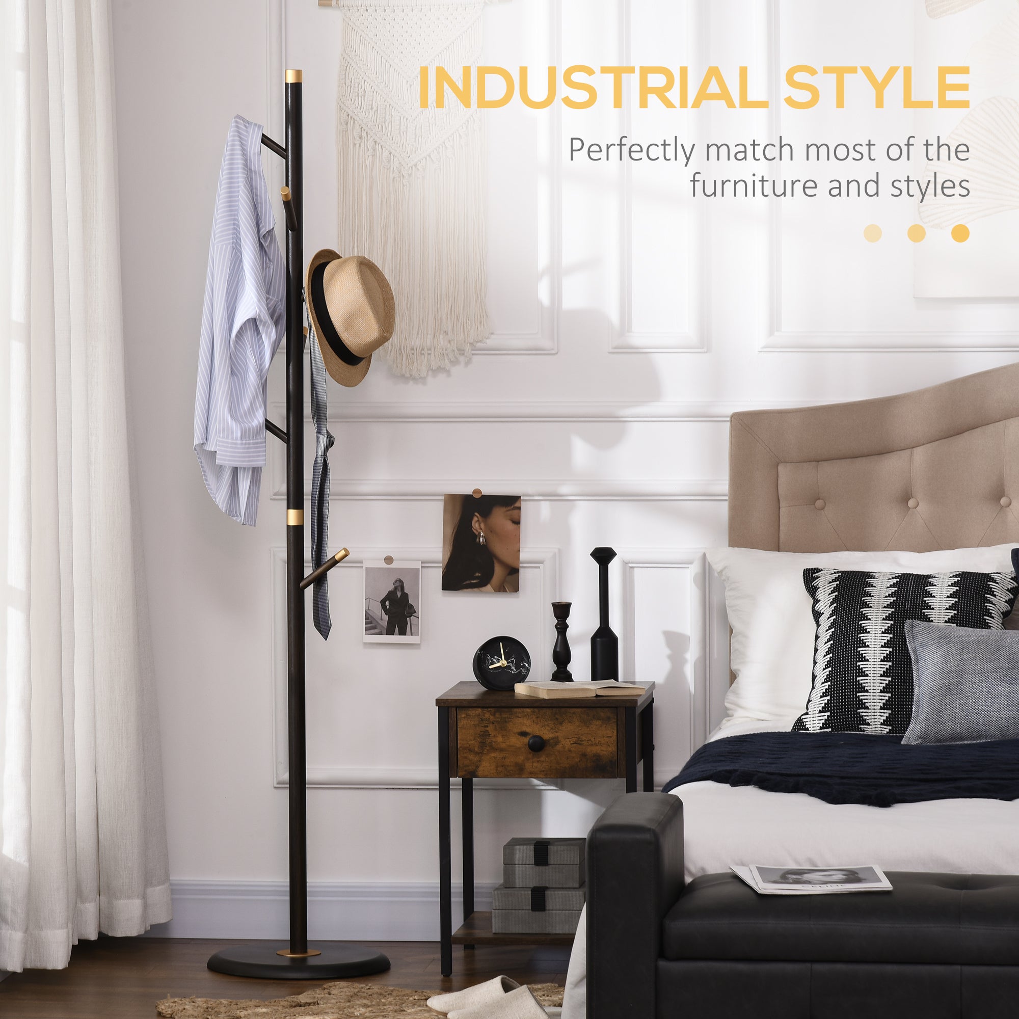 Vintage Freestanding Coat Rack Stand Hall Tree with 6 Hooks Bamboo Frame - Walnut