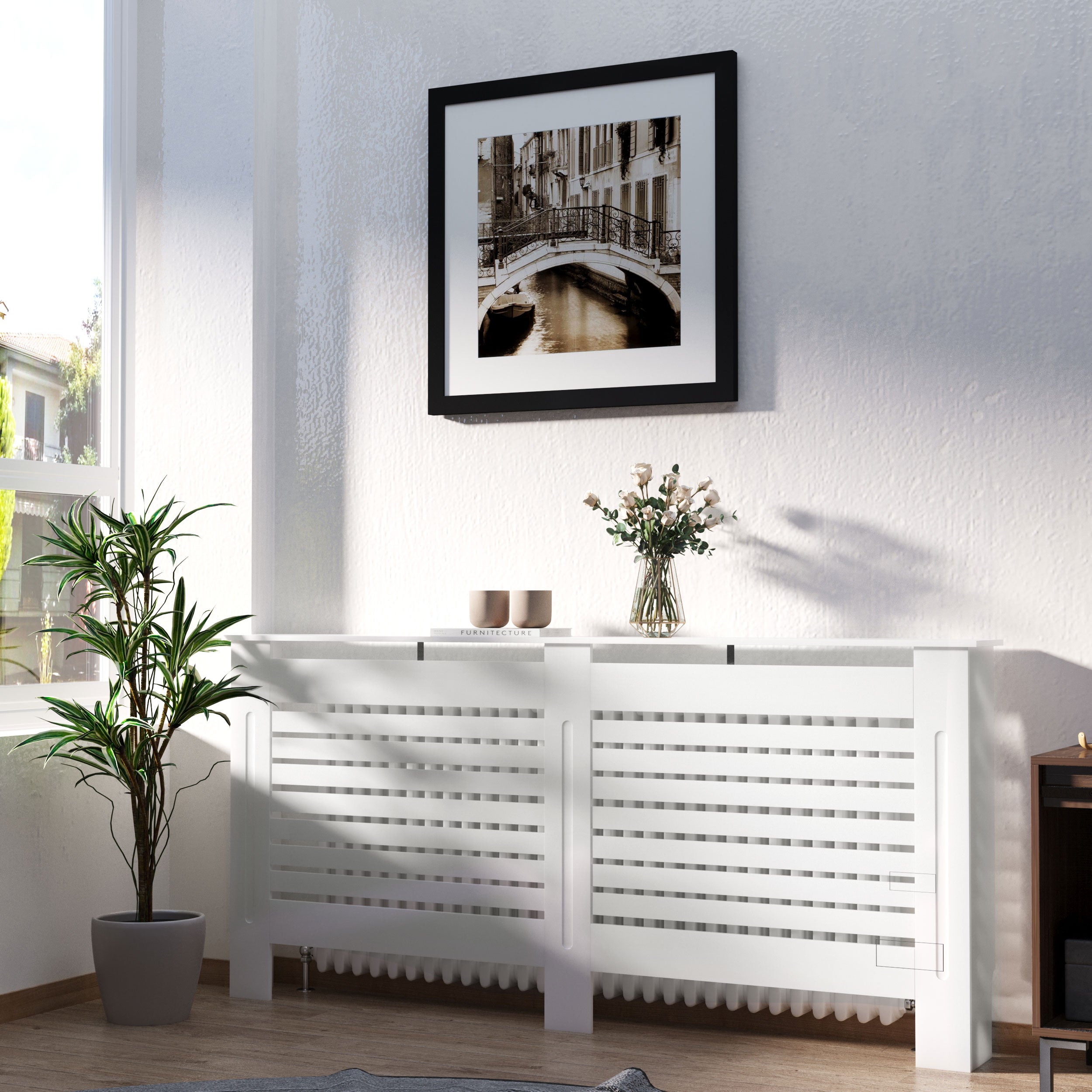 MDF White Painted Radiator Cover Slatted Cabinet Shelving Display Horizontal Style Modern Piece 172L x 19W x 81H cm