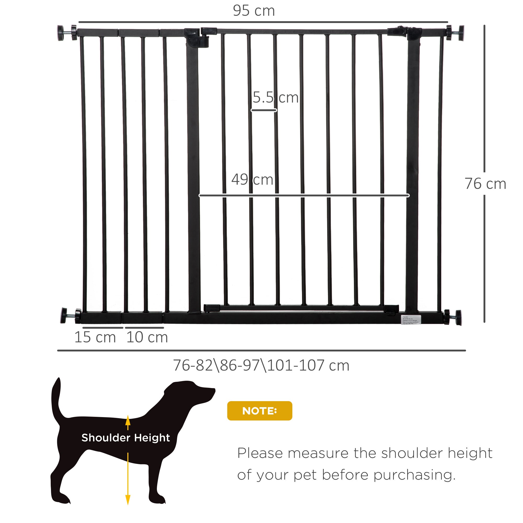 Dog Gate Pet Safety Gate Stair Barrier Auto Close Door Adjustable 76 - 107 cm, Black