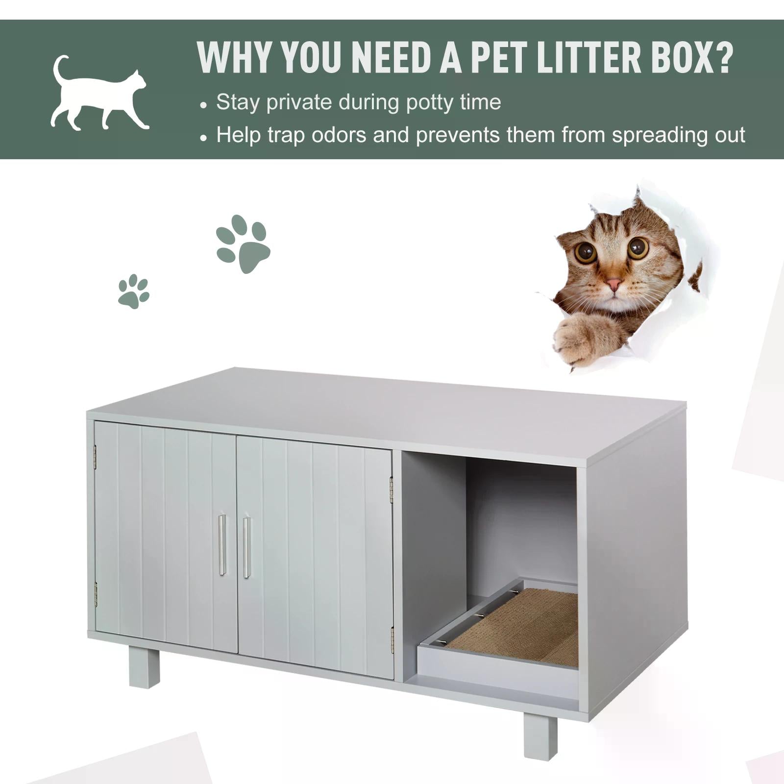 Wooden Cat Litter Box Enclosure & House with Nightstand/End Table Design, Scratcher, & Magnetic Doors, Grey