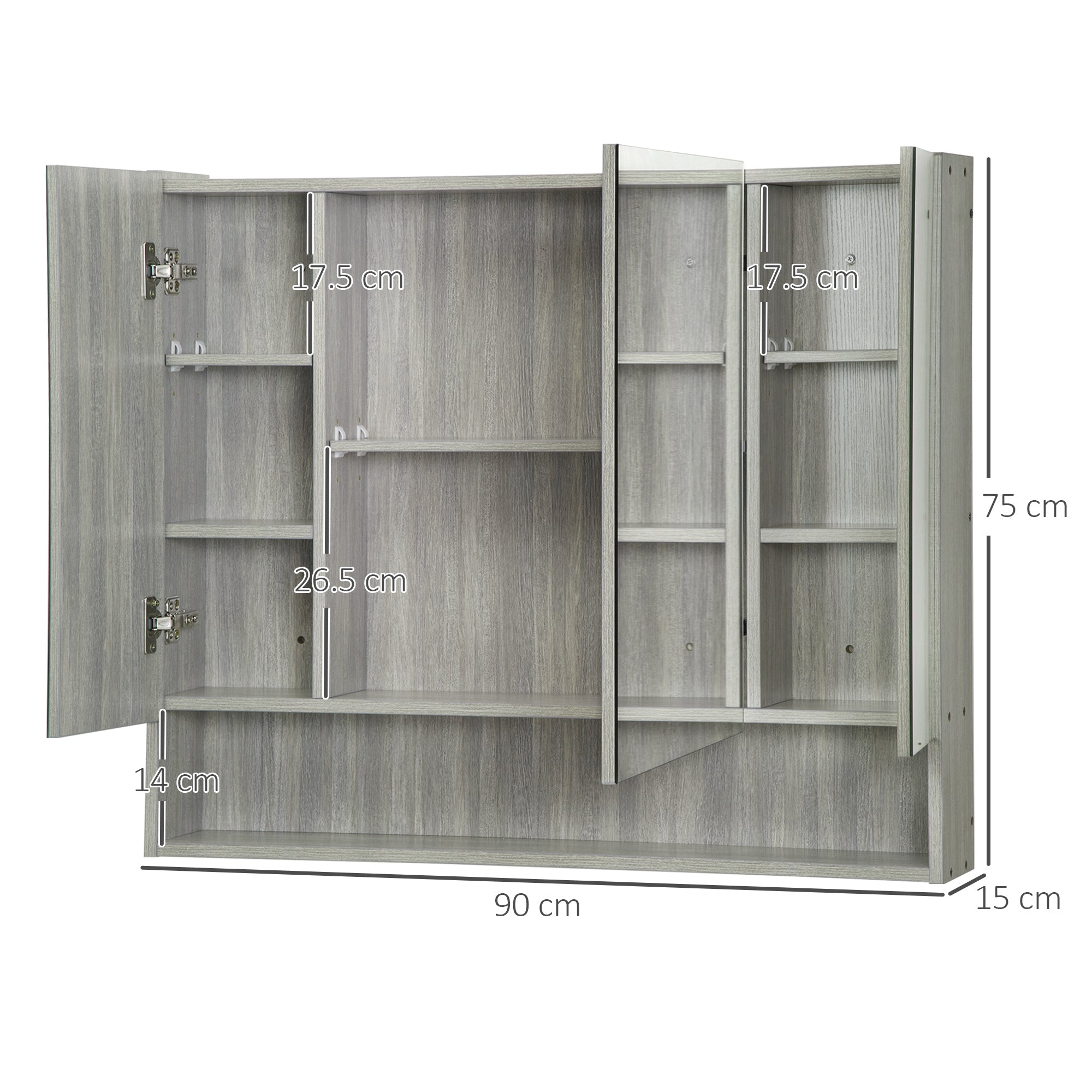 Bathroom Mirror Cabinet, Wall Mounted Storage Cabinet with Adjustable Shelves, 3 Doors and Cupboards, Grey