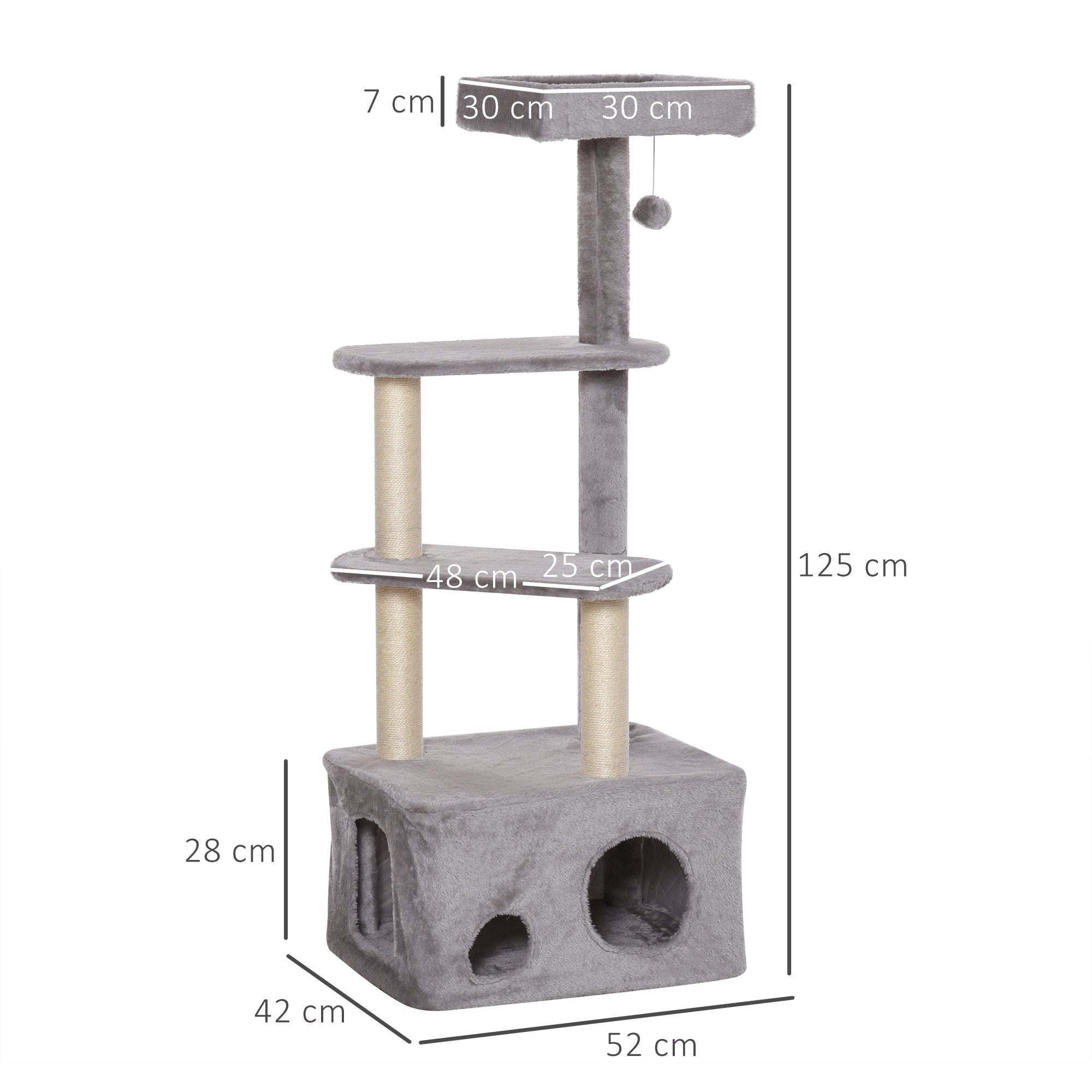 Cat Tree Kitten Tower 4-level Activity Centre Pet Furniture with Sisal Scratching Post Condo Plush Perches Hanging Ball Toys Grey