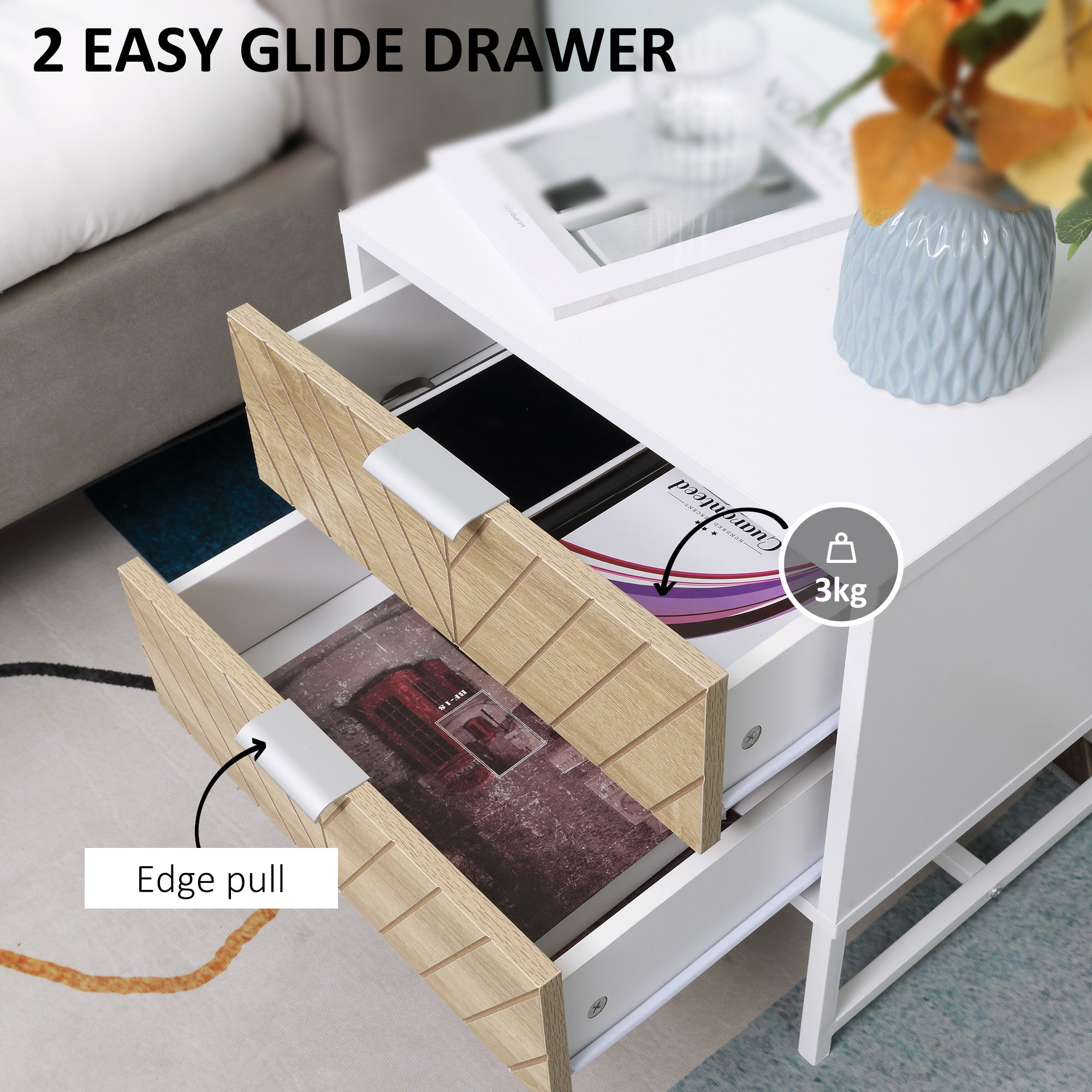 Modern Bedside Table with 2 Drawers and Metal Frame, Sofa Side Table for Bedroom Living Room, White and Oak